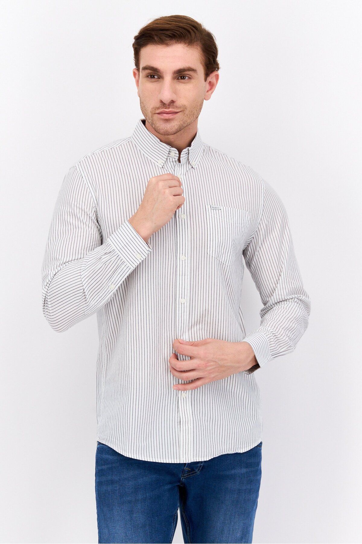 Pepe Jeans-Men Slim Fit Stripped Long Sleeve Casual Shirt, White 1