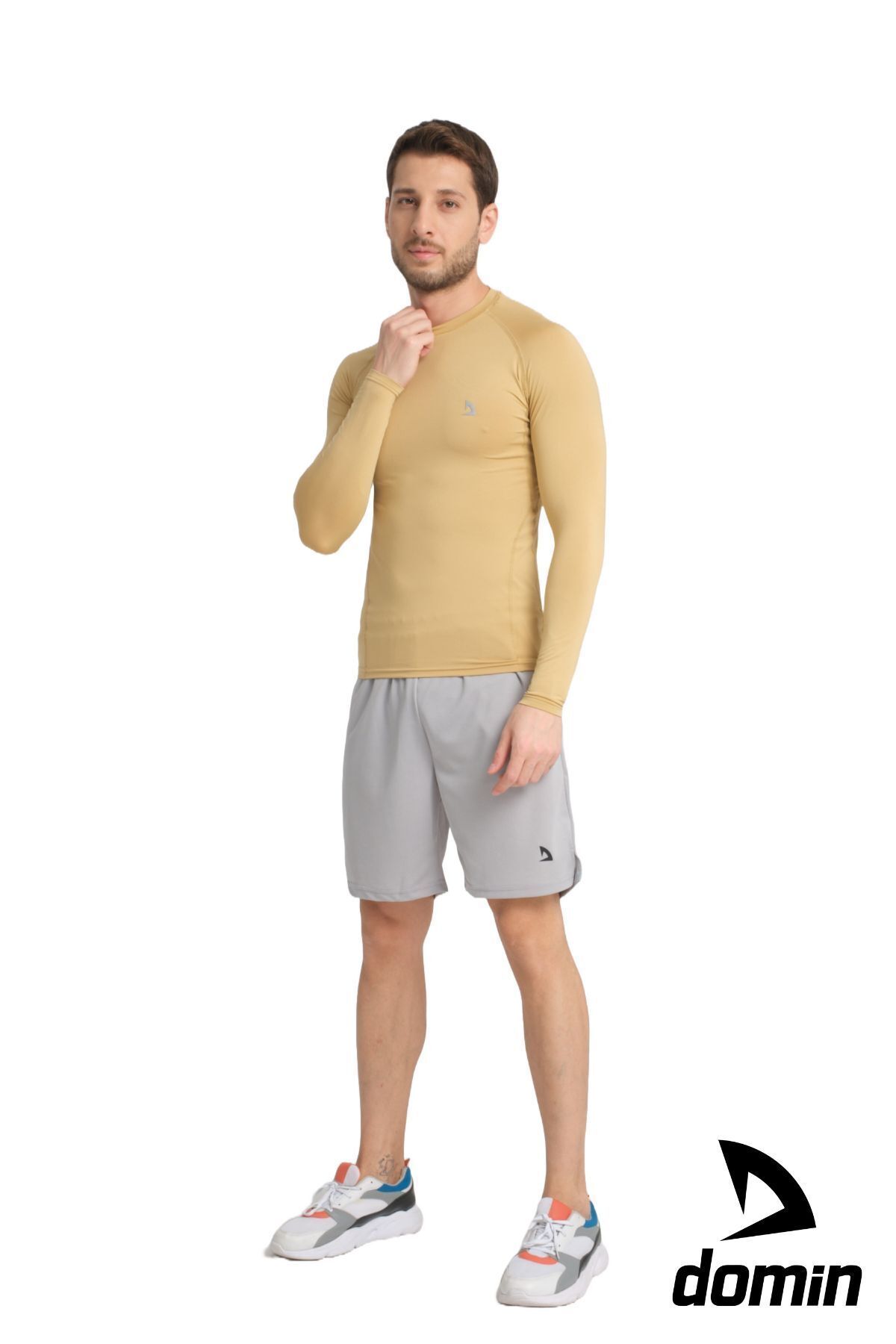 DOMİN SPOR-Men's Long Sleeve Gold Beige Lycra Fit Compression Sports Body Tshirt 7