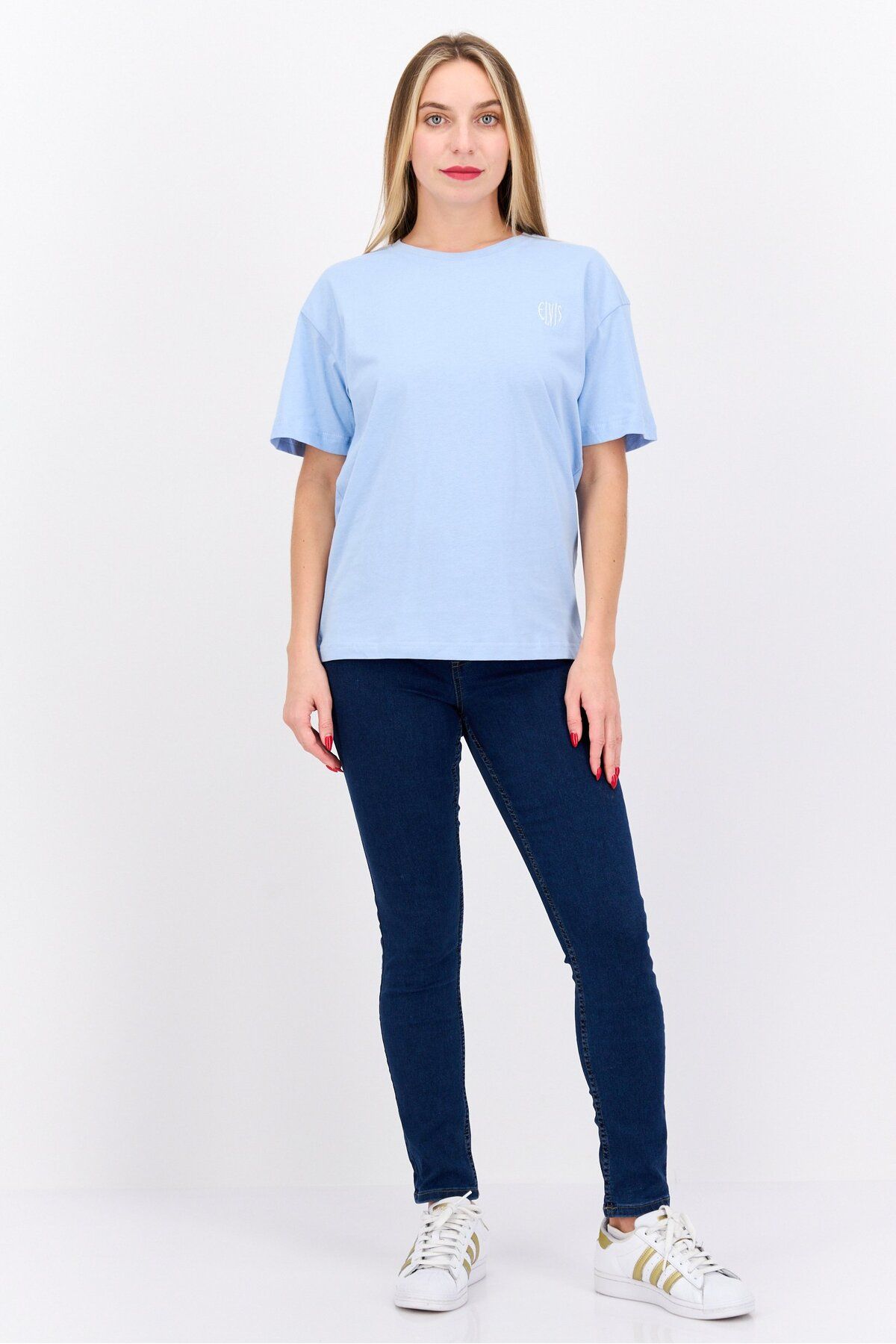 Elvis-Women Round Neck Short Sleeve Embroidered Logo T-shirt, Light Blue 4