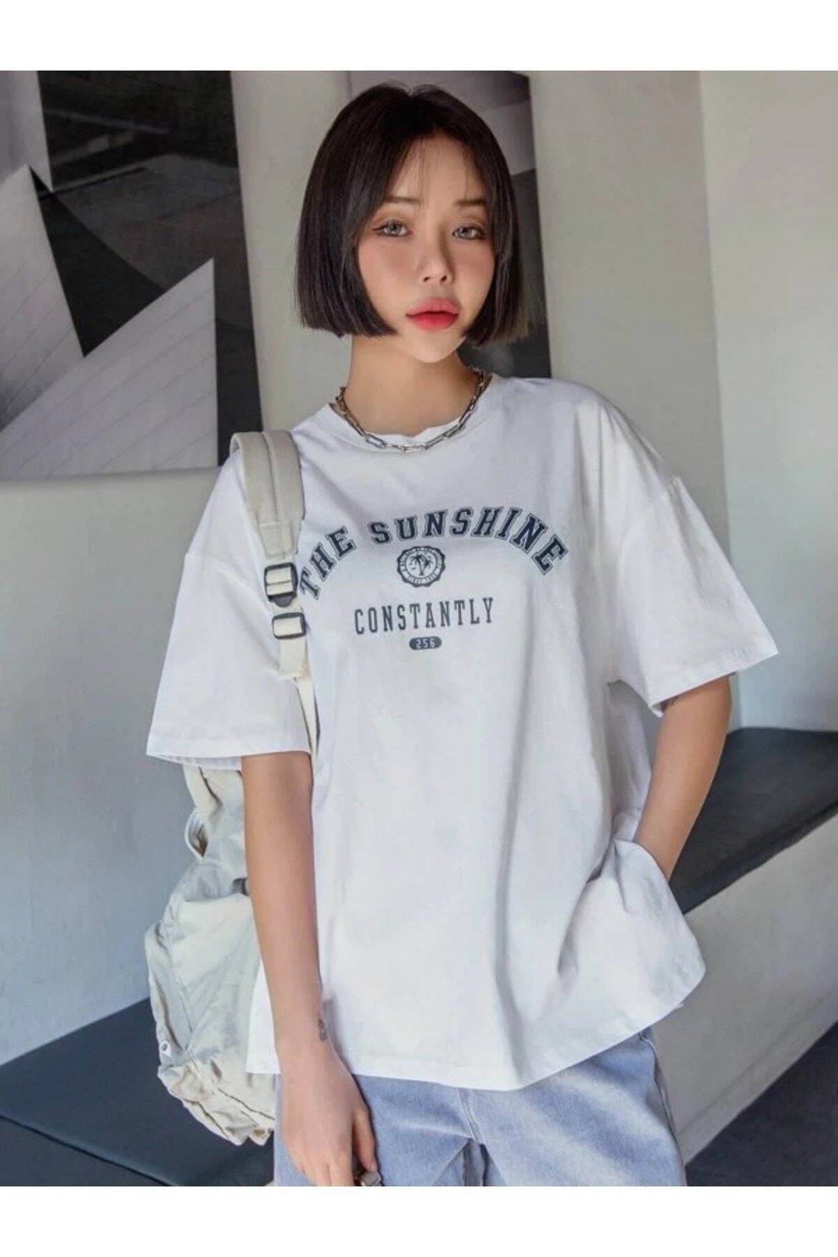 GIANTSTORE Kadın Beyaz The Sunshine Baskılı Bisiklet Yaka Oversize T-shirt
