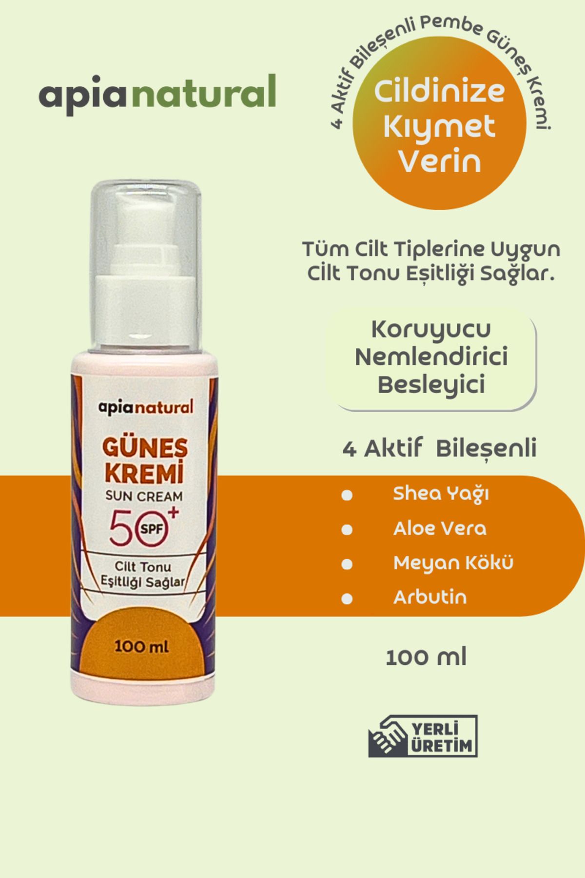 ApiaModa Cilt Tonu Eşitleyicili Yüksek Koruma Spf 50+ Aloe Vera Güneş Kremi