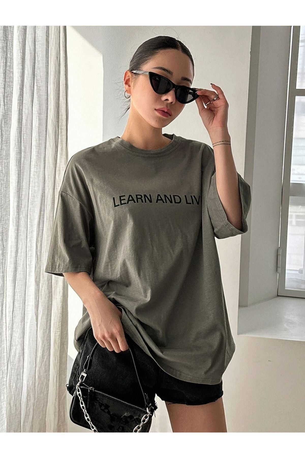 GIANTSTORE Kadın Haki Learn Baskılı Bisiklet Yaka Tshirt