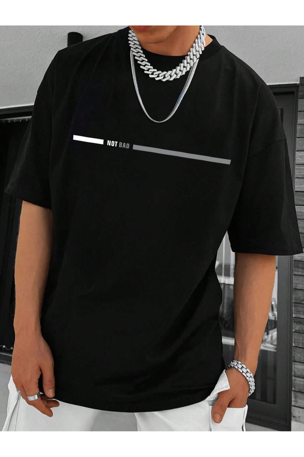 GIANTSTORE Not Bad Baskılı Oversize Siyah Erkek Tişört