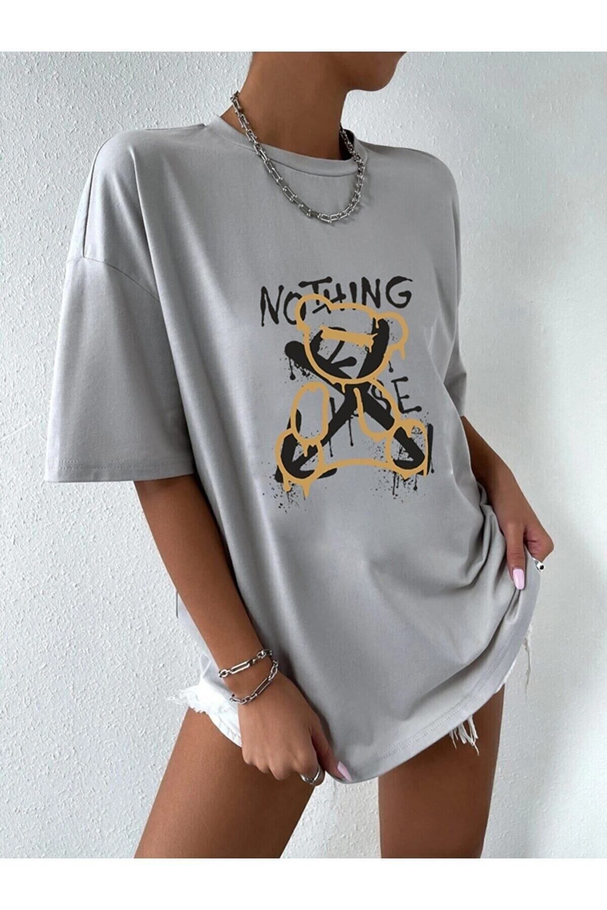GIANTSTORE Radjeanss Kadın Gri Nothing Lose Baskılı Ovarsize Tshirt