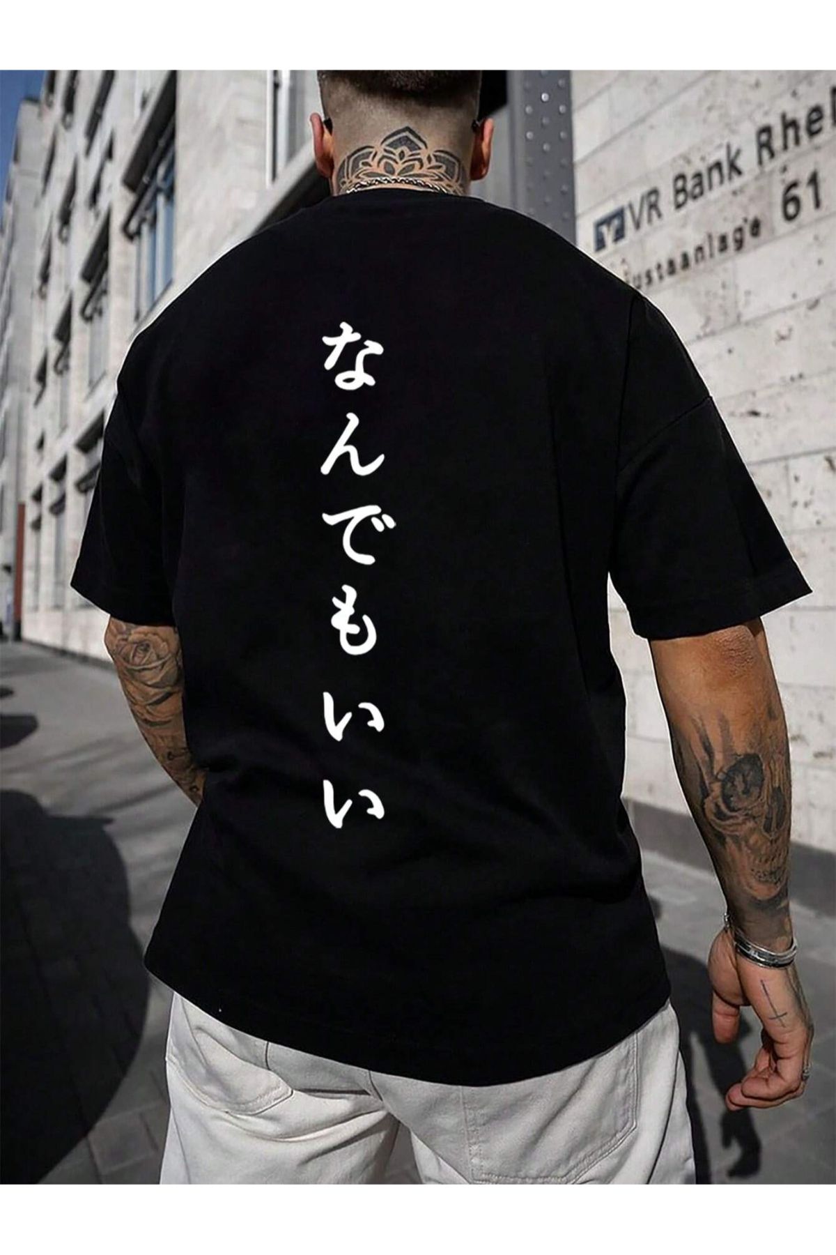GIANTSTORE Oversize Erkek Japonca Her Şey Yolunda Baskılı Siyah Bisiklet Yaka T-Shirt