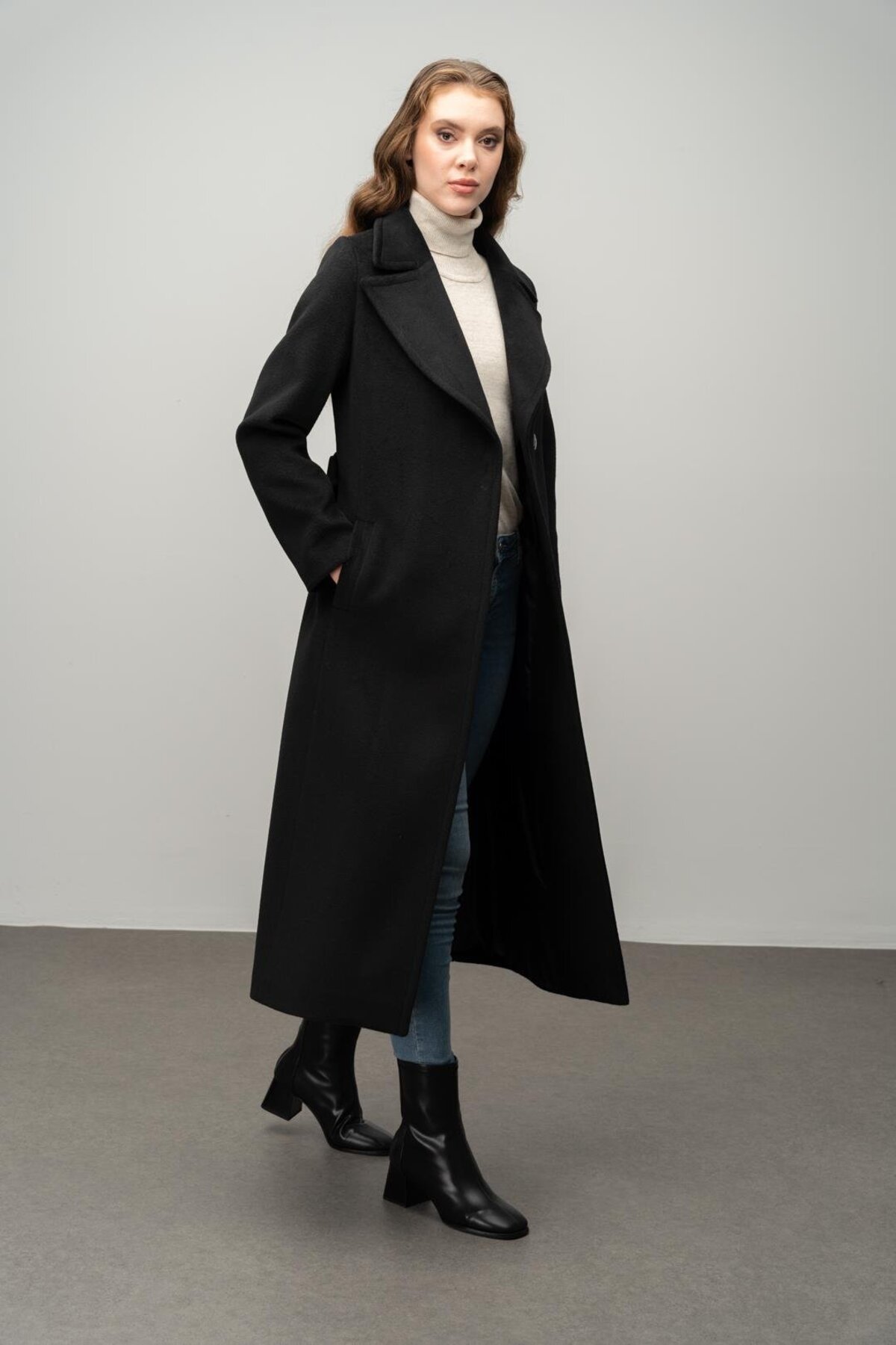 Olcay  Çıt Çıt Kapamalı Belden Bağlamalı Exclusive Kaban SİYAH 3057 - Görsel 4