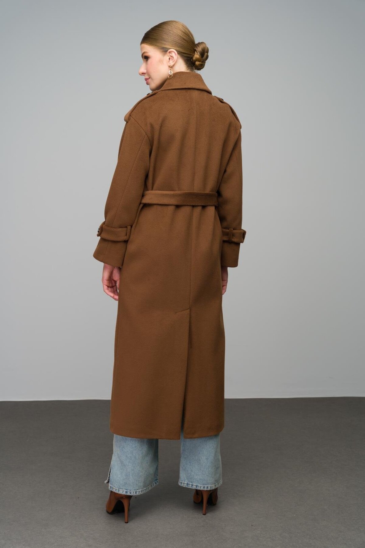 Olcay  Gömlek Yaka Apolet Detaylı Oversize Uzun Kaban TÜTÜN 3064 - Görsel 7