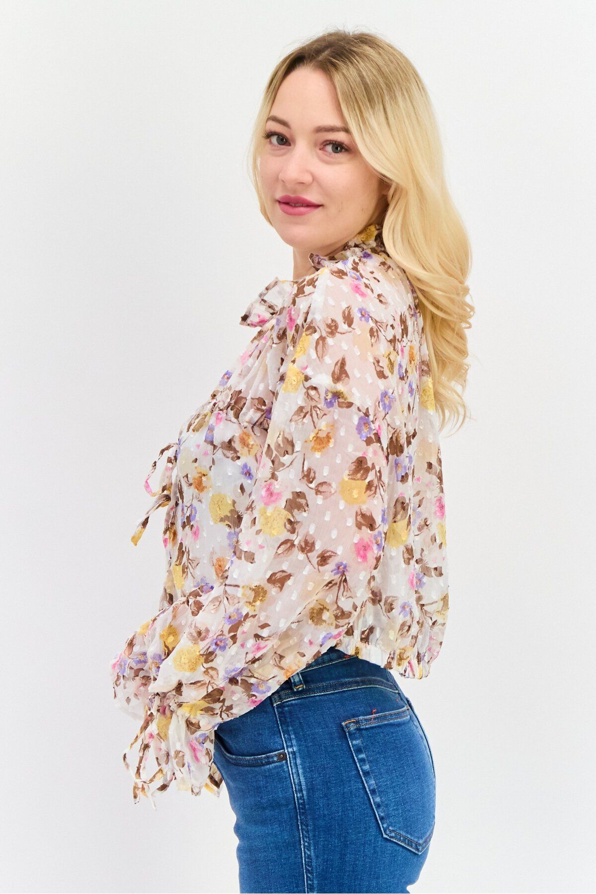 Asos Design-Women Ruffle Neck Long Sleeves Floral Print Blouse, Beige 2
