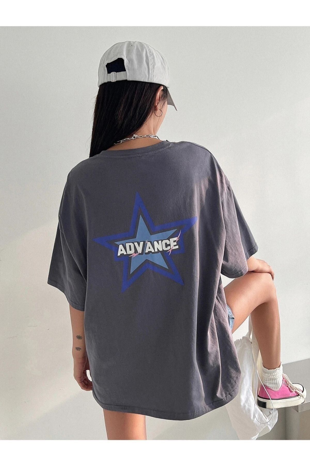 GIANTSTORE Kadın Füme Advance Baskılı Oversize Bisiklet Yaka Tişört