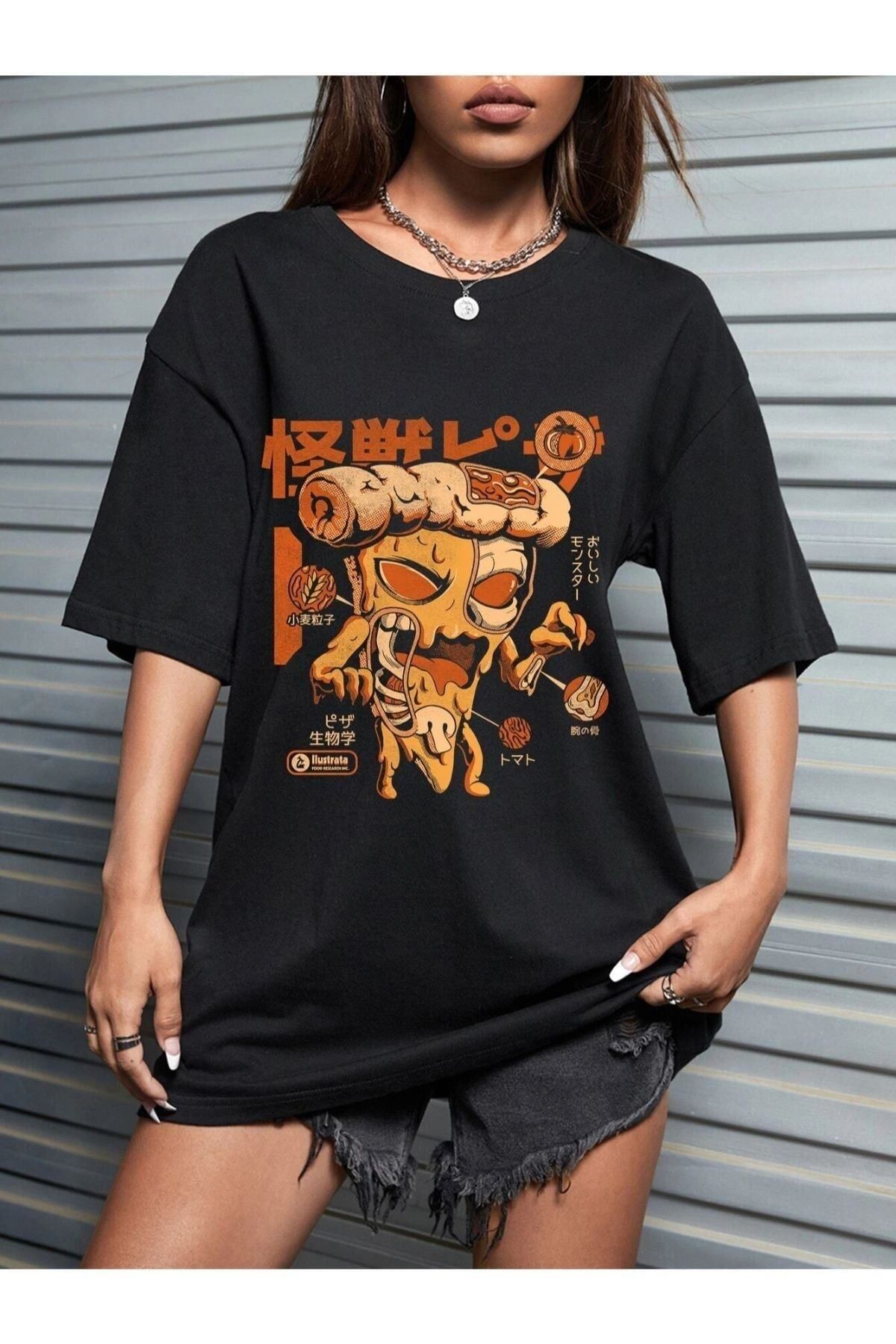 GIANTSTORE Kadın Siyah Pizza Baskılı Bisiklet Yaka Tshirt