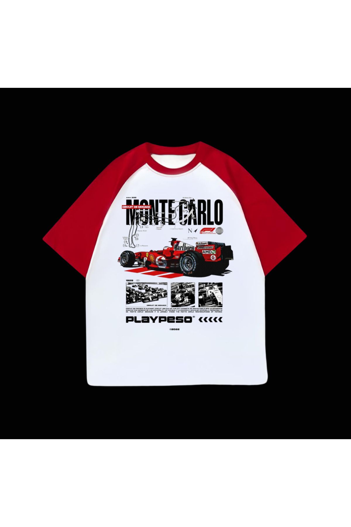 weywot MERTSHP Beyaz Unisex Kırmızı Reglan Monte Carlo F1 T-Shirt