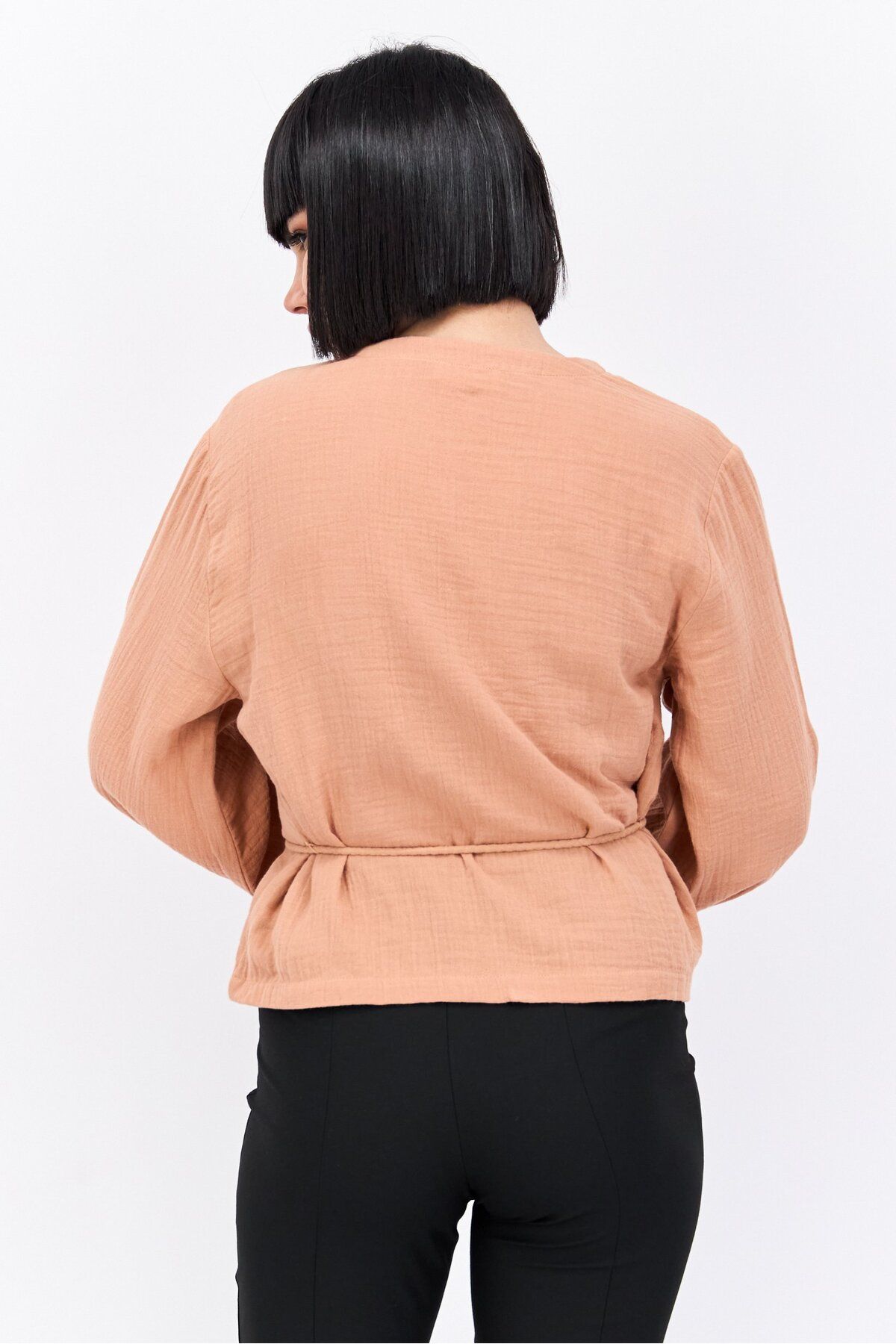Passionata-Women Surplice Neck Long Sleeve Solid Blouse, Tan 2