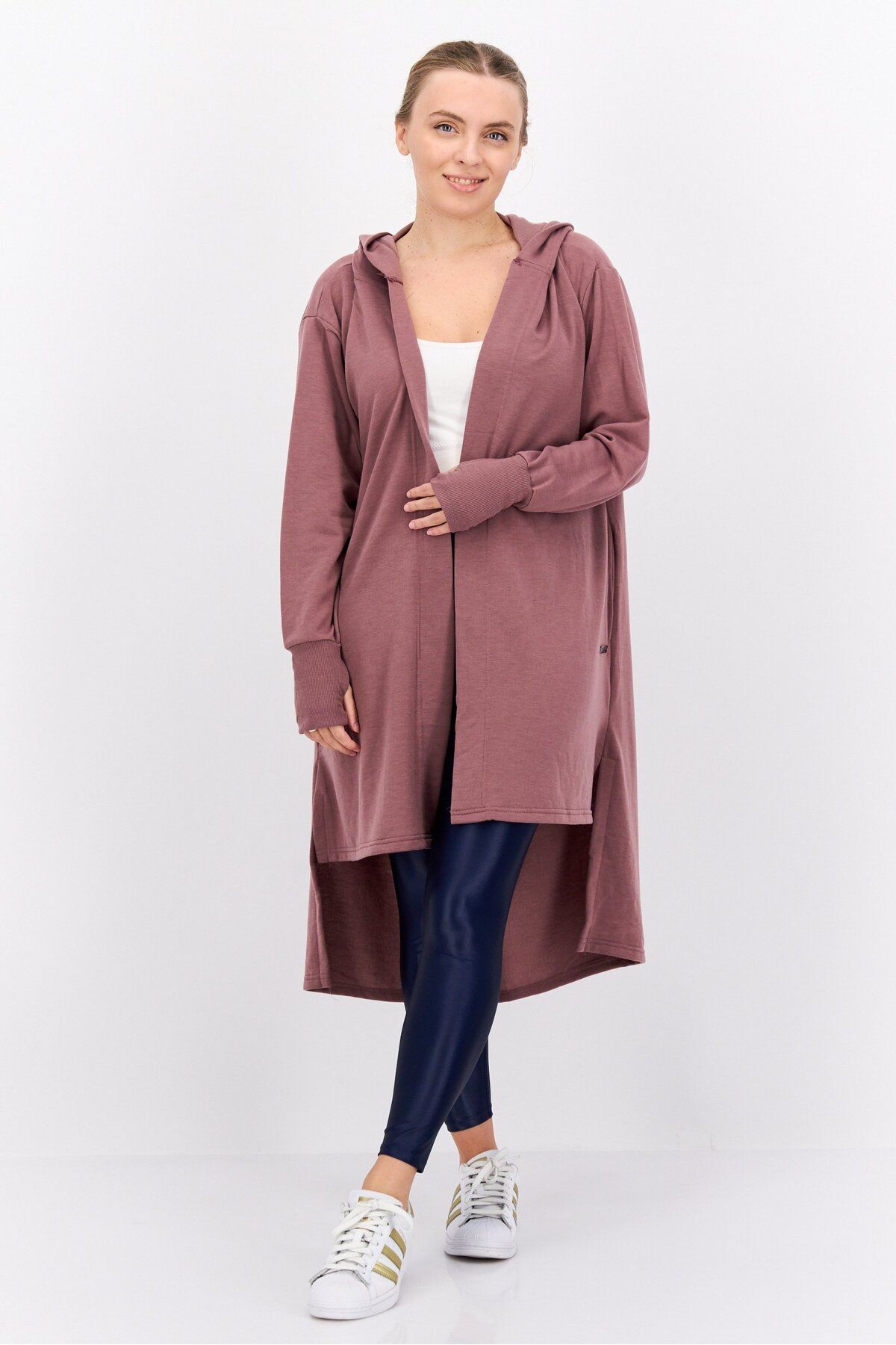 Nine West-Women Hooded Long Sleeve Plain Open Front Cardigans, Light Mauve 1