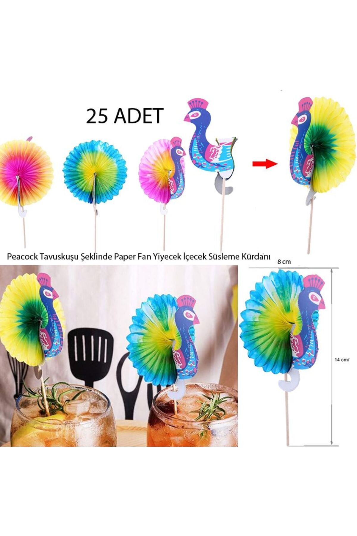 partidolu Hawaian Temalı Peacock Tavuskuşu Şeklinde Paper Fan Yiyecek İçecek Süsleme Kürdanı 25 Adet