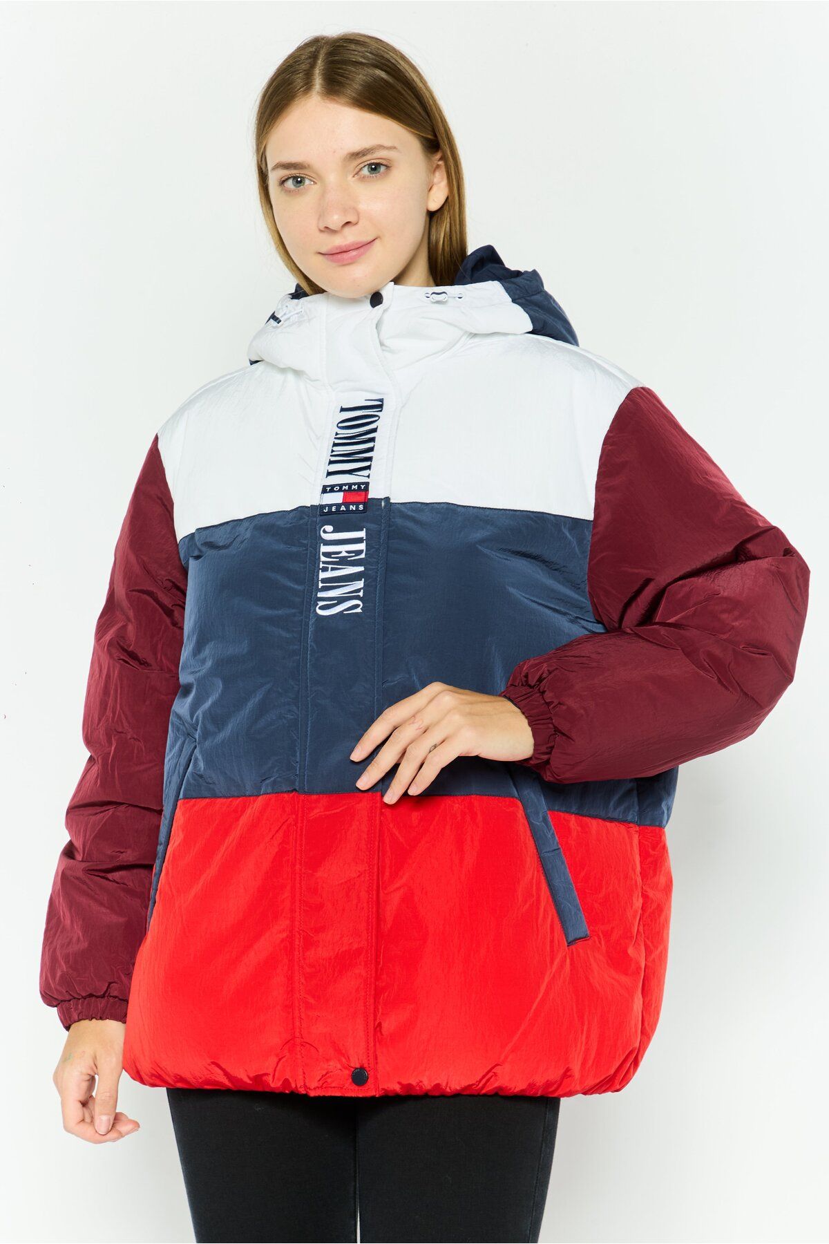 Tommy Jeans-Women Hooded Brand Logo Padded Jacket, Red 1