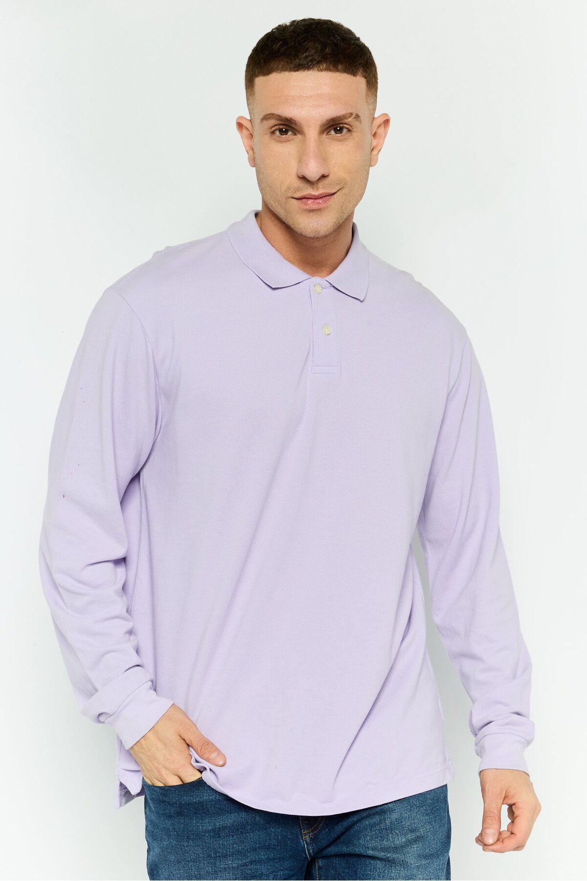 GAP-Men Regular Fit Textured Long Sleeves Polo Shirt, Light Purple 1
