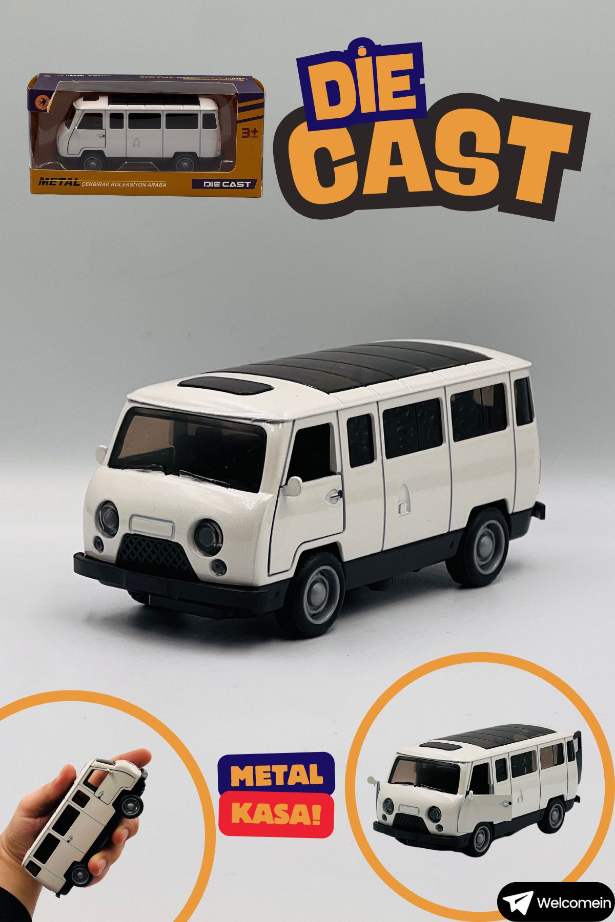 welcomein Oyuncak Beyaz Minivan Çek Bırak Kutulu Metal Die Cast Araba Kapıları Açılan Koleksiyonculara Özel