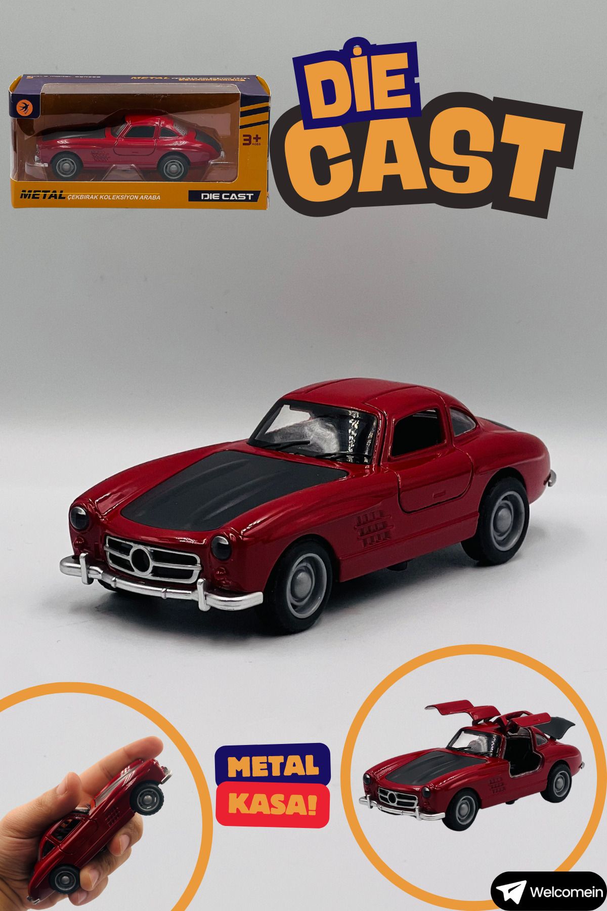 welcomein Oyuncak Mercedes 300SL Çek Bırak Kutulu Metal Die Cast Araba Kapıları Açılan Koleksiyonculara Özel