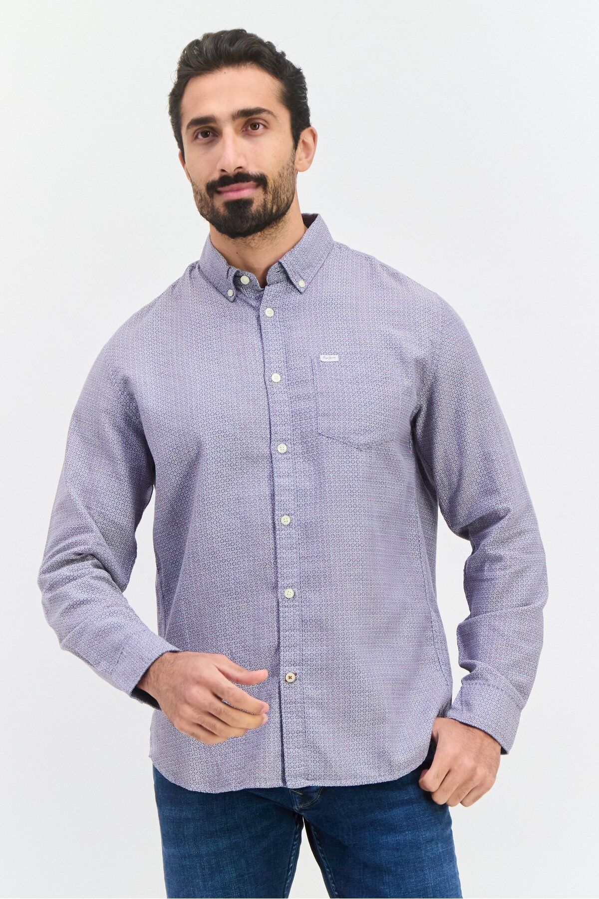 Pepe Jeans-Men Regular Fit Allover Print Long Sleeves Casual Shirt, Blue 1