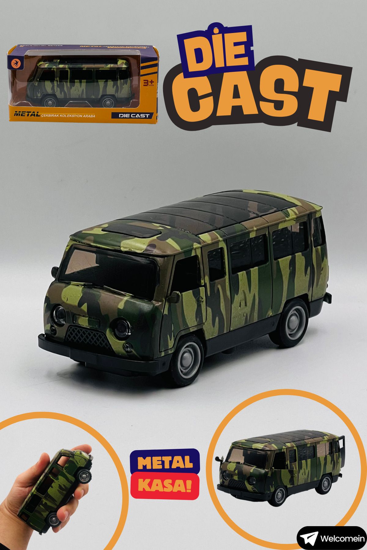 welcomein Oyuncak Askeri Minivan Çek Bırak Kutulu Metal Die Cast Araba Kapıları Açılan Koleksiyonculara Özel