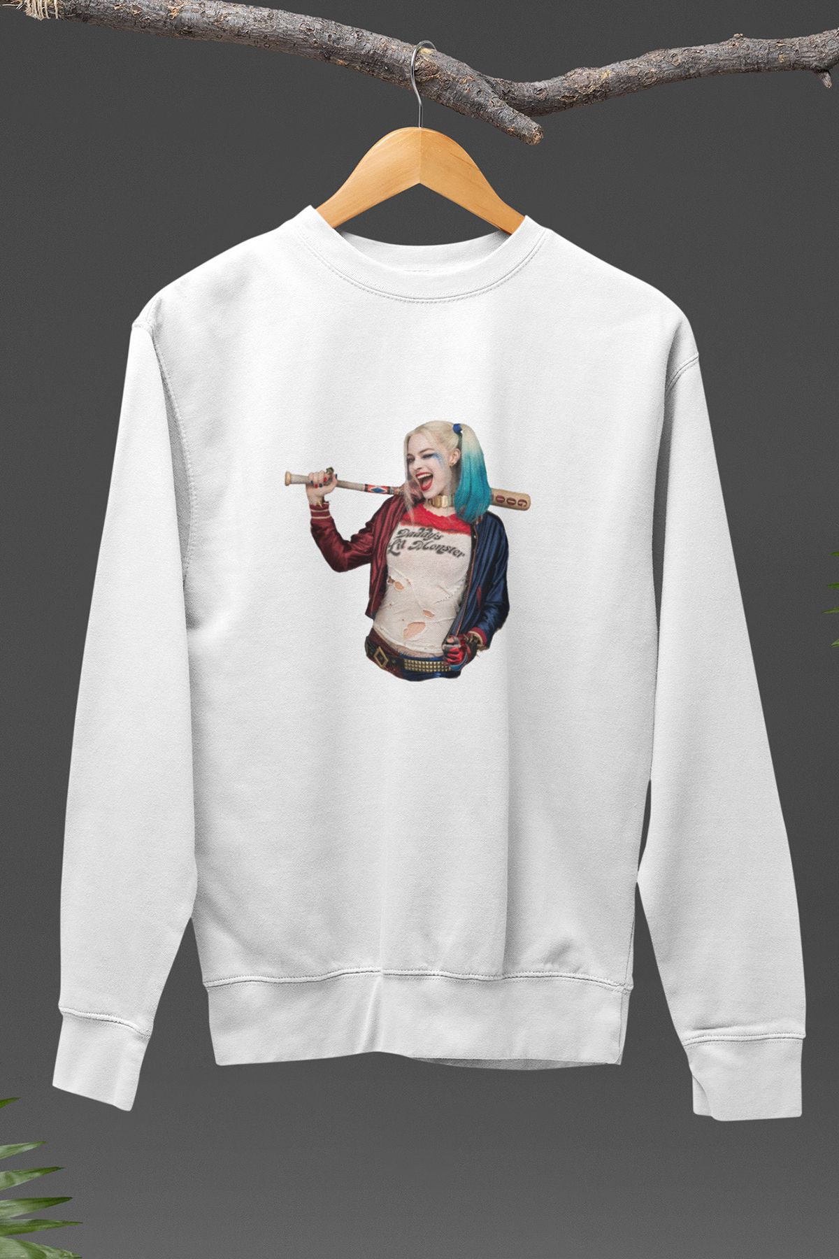 qoeuyl boutique Harley Quinn Baskılı Unisex Hediyelik %100 Pamuklu Bisiklet Yaka Sweatshirt