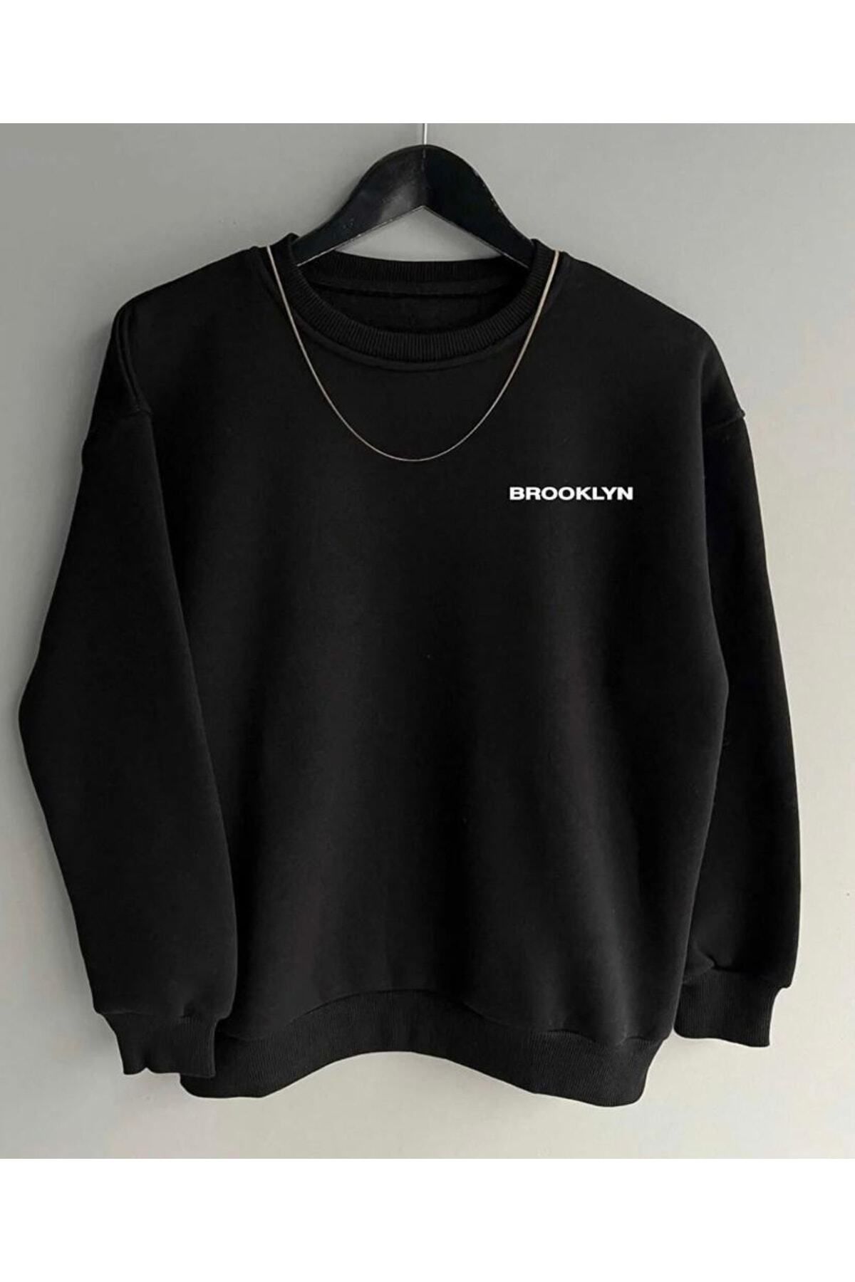 M&A ONE PİECE Siyah Oversize Brooklyn Baskılı Pamuklu Kapşonsuz 0 Yaka Unisex Sweatshirt