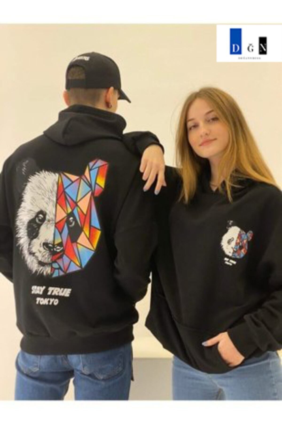 M&A ONE PİECE aynewmoda Sevgili Çift Kombinleri Panda Tasarım 2 Ürün Siyah Kapüşonlu Sweatshirt