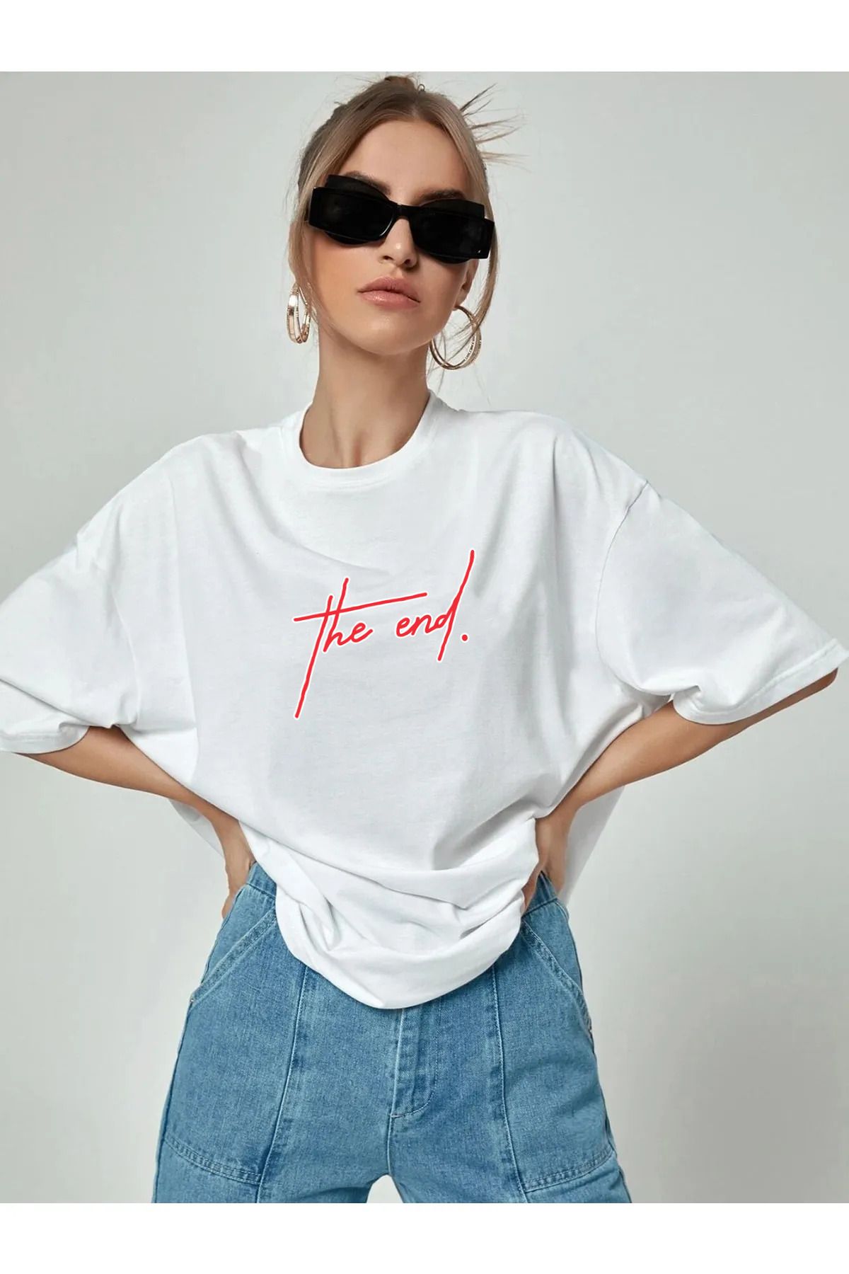 M&A ONE PİECE Aynewmoda The End Baskılı Beyaz Oversize Kadın T-shirt