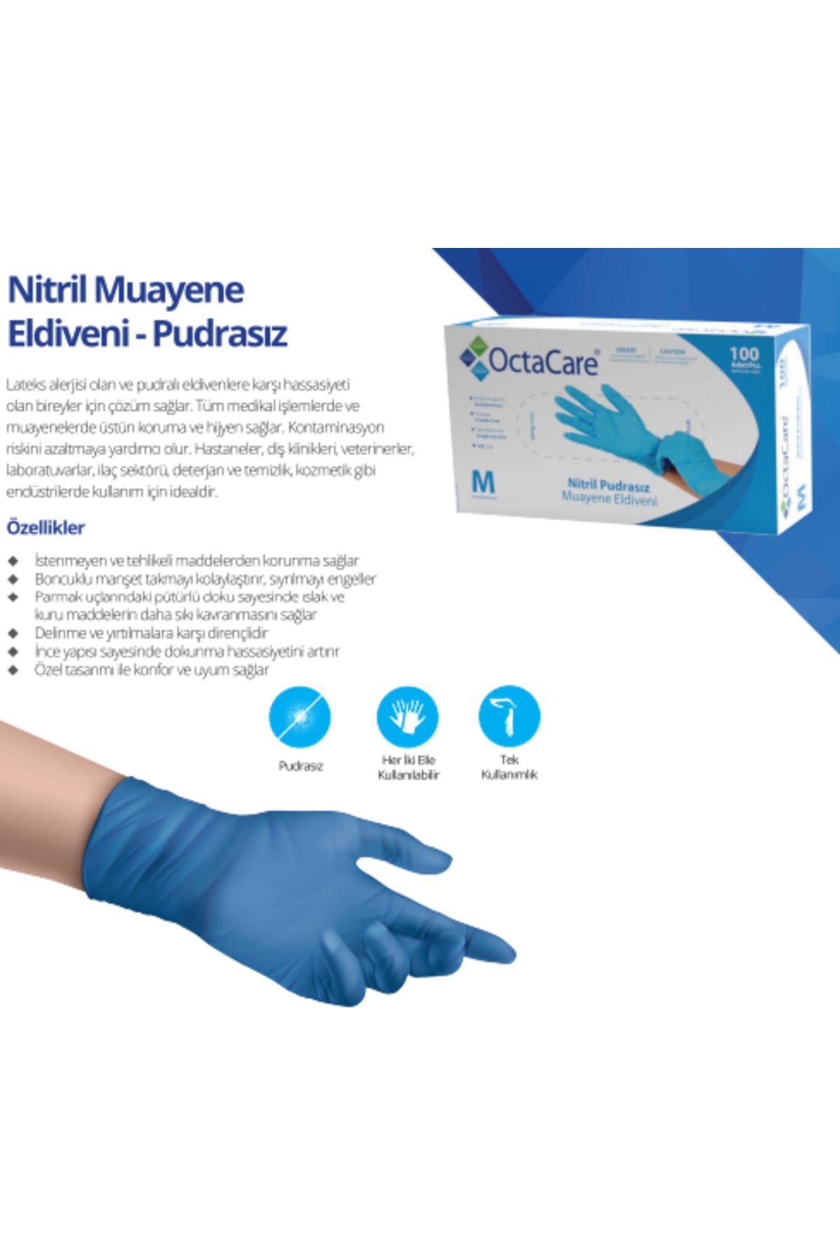 medikaltec Nitril Pudrasız Muayene Eldiveni Mavi Large Beden