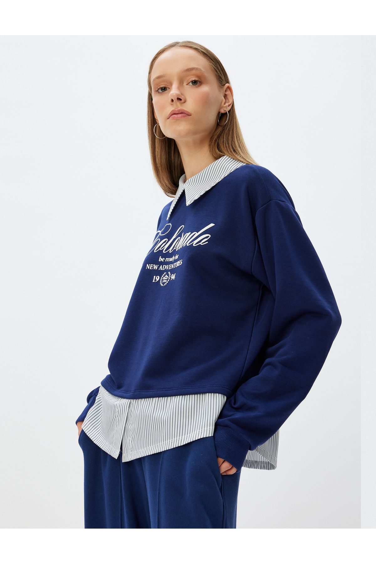 Koton KT - Gömlek Yaka Sweatshirt Oversize Kolej Baskılı Şardonlu