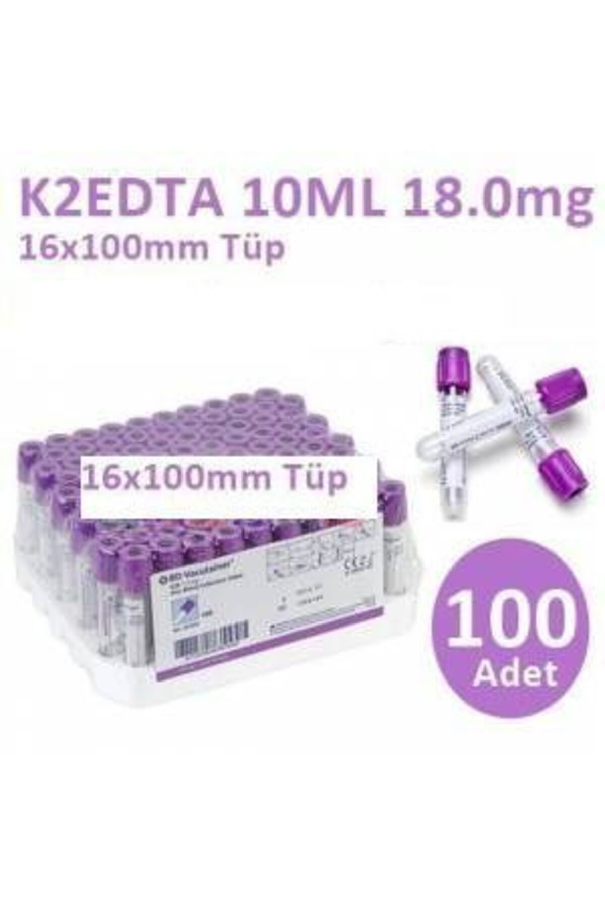 medikaltec 100 Adet Kan Alma Tüpü, Mor Kapak, K2E K2EDTA 10ml 18mg 16x100mm, Bd Vacutainer