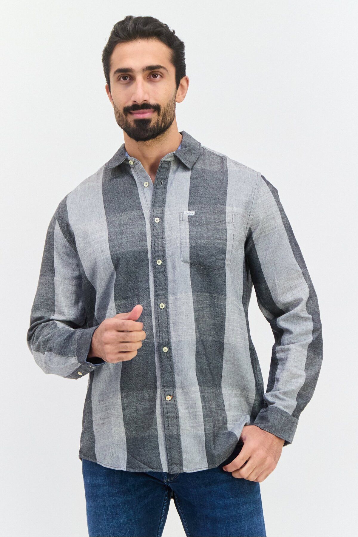 Pepe Jeans-قميص رجالي كاجوال سادة بأكمام طويلة وقصّة عادية، رمادي 1