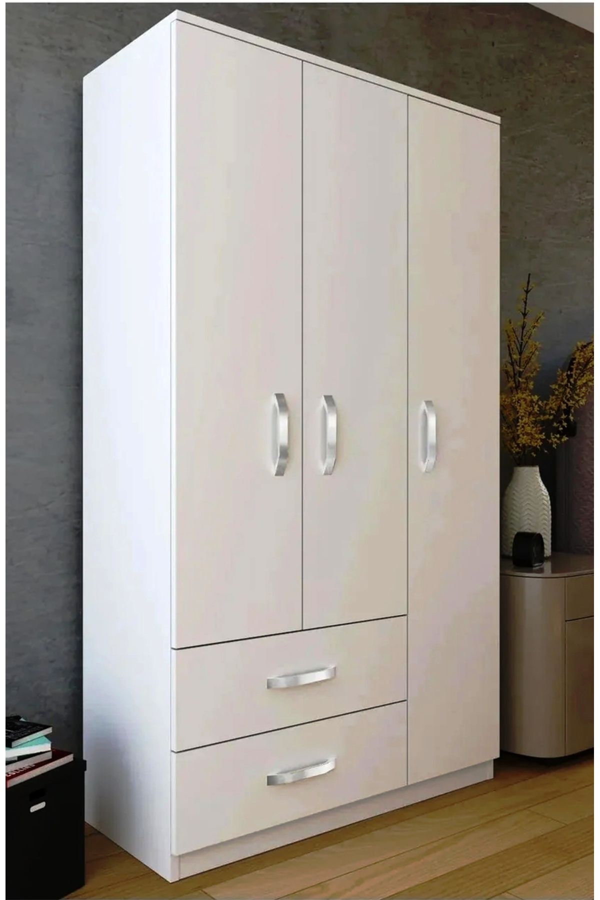 Dekoria Gardırop Elbise Dolabı, 3 Kapılı, 2 Çekmeceli, 4 Raflı Beyaz, Model 173×90