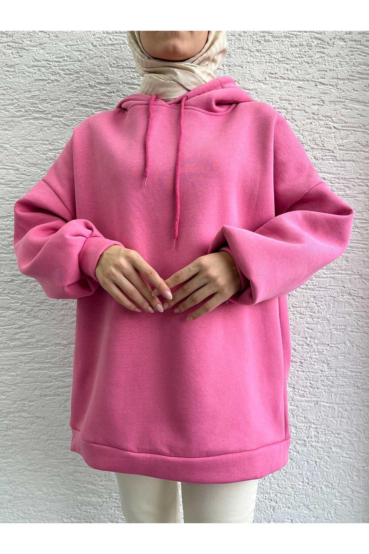 MELEK ARAZ Kadın Pembe Oversize Kapüşonlu Sweat