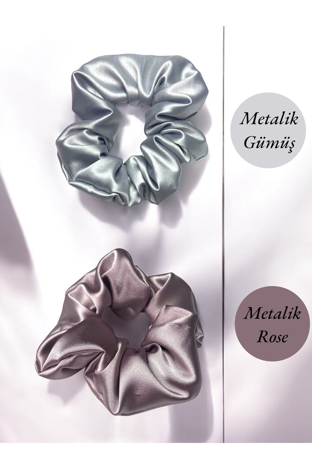 Chamis Handmade Metalik Rose & Gümüş  Saten Lastik Toka Seti