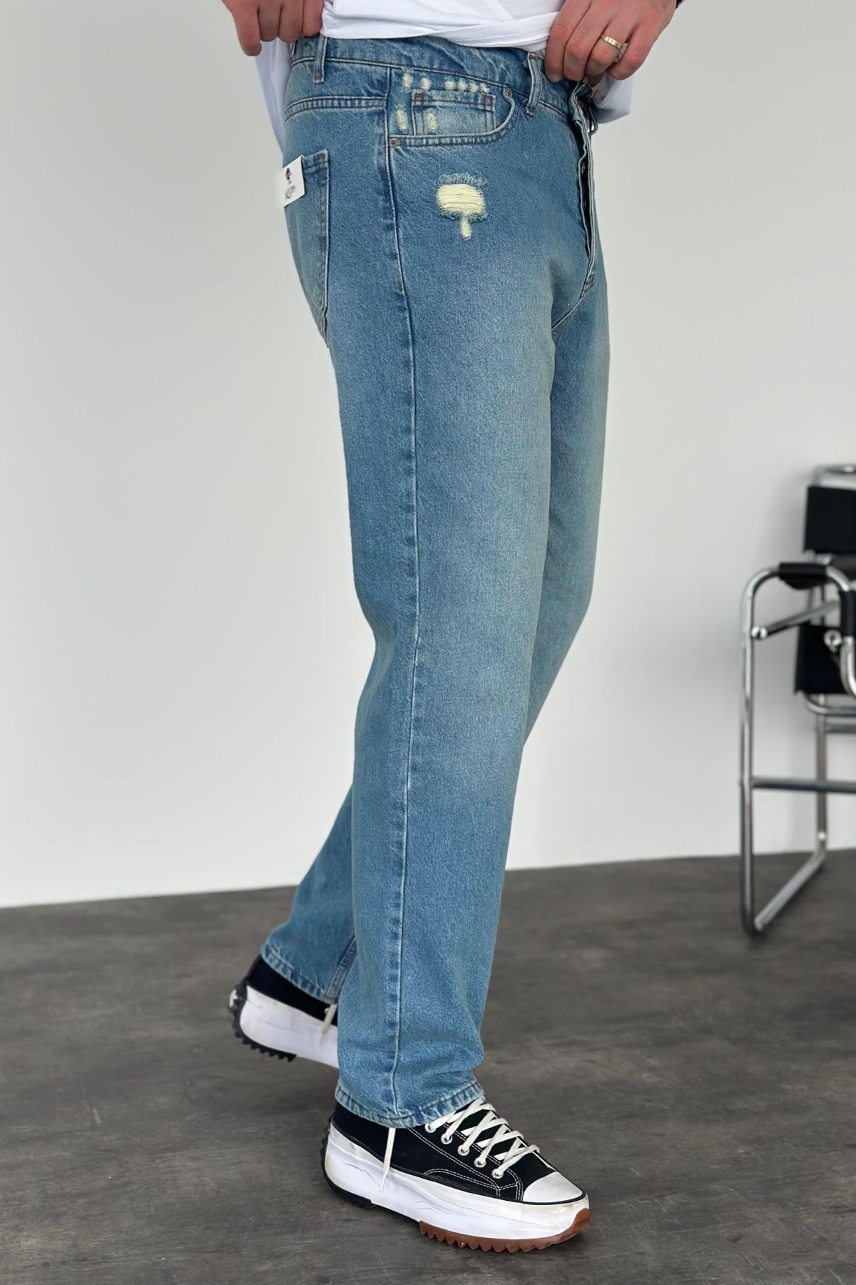 MADZEYMODA Erkek Baggy Fit Yırtık Detaylı Mavi Jean Kot Pantolon KE-706