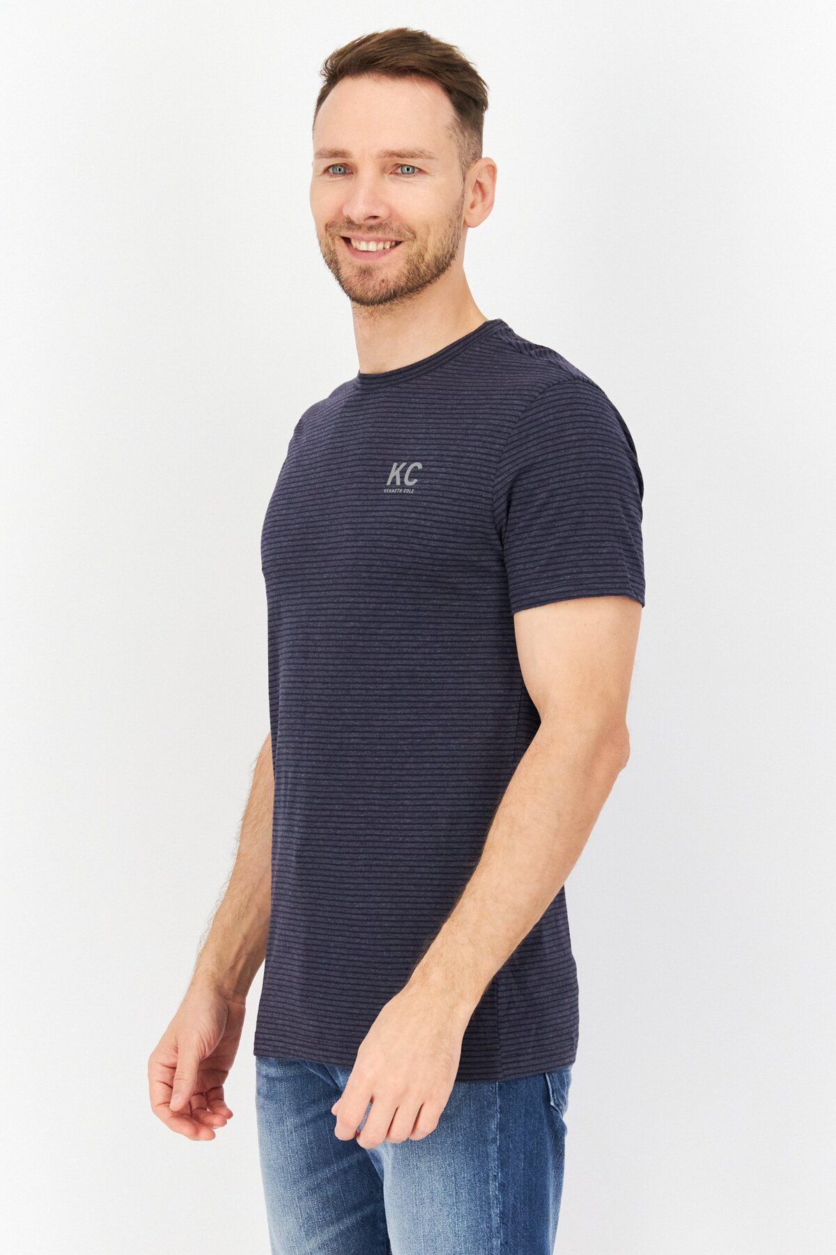 Kenneth Cole-Men Crew Neck Short Sleeve Stripe T Shirt, Navy 3