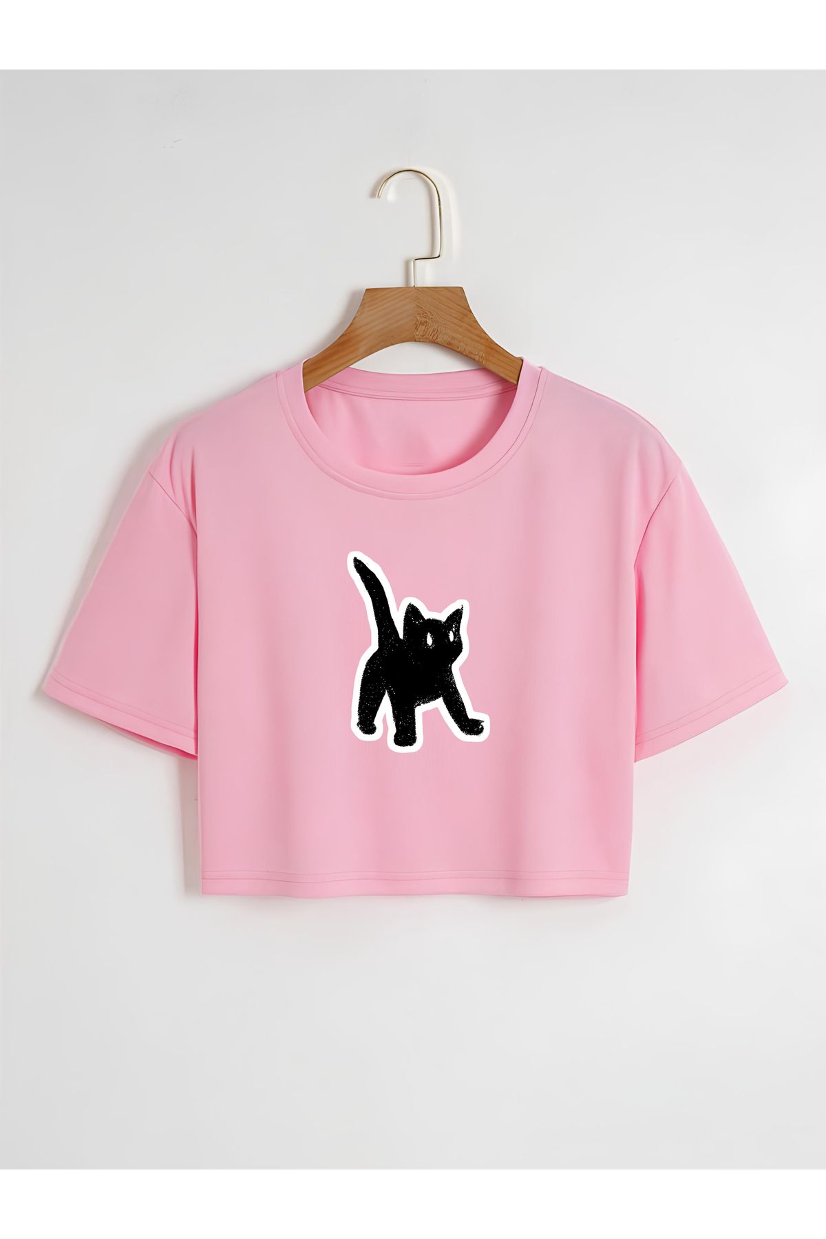 Ginevra Kadın Oversize Bisiklet Yaka Black Cat Baskılı Crop T-shirt