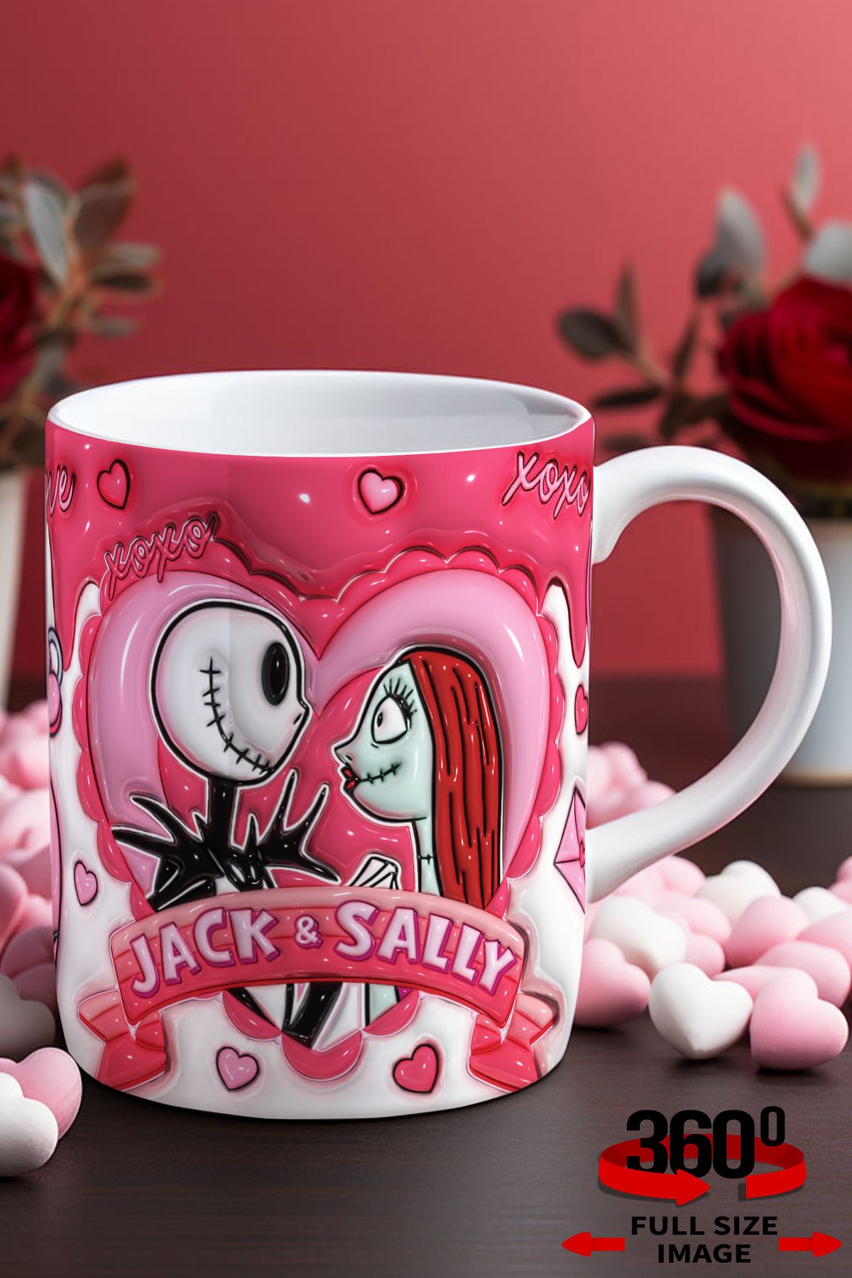 dijital moda tasarım 14 Şubat Sevgililer Günü 3D Kabartma Desen Efektli "Jack & Sally" Kişiye Özel Porselen Kupa Bardak