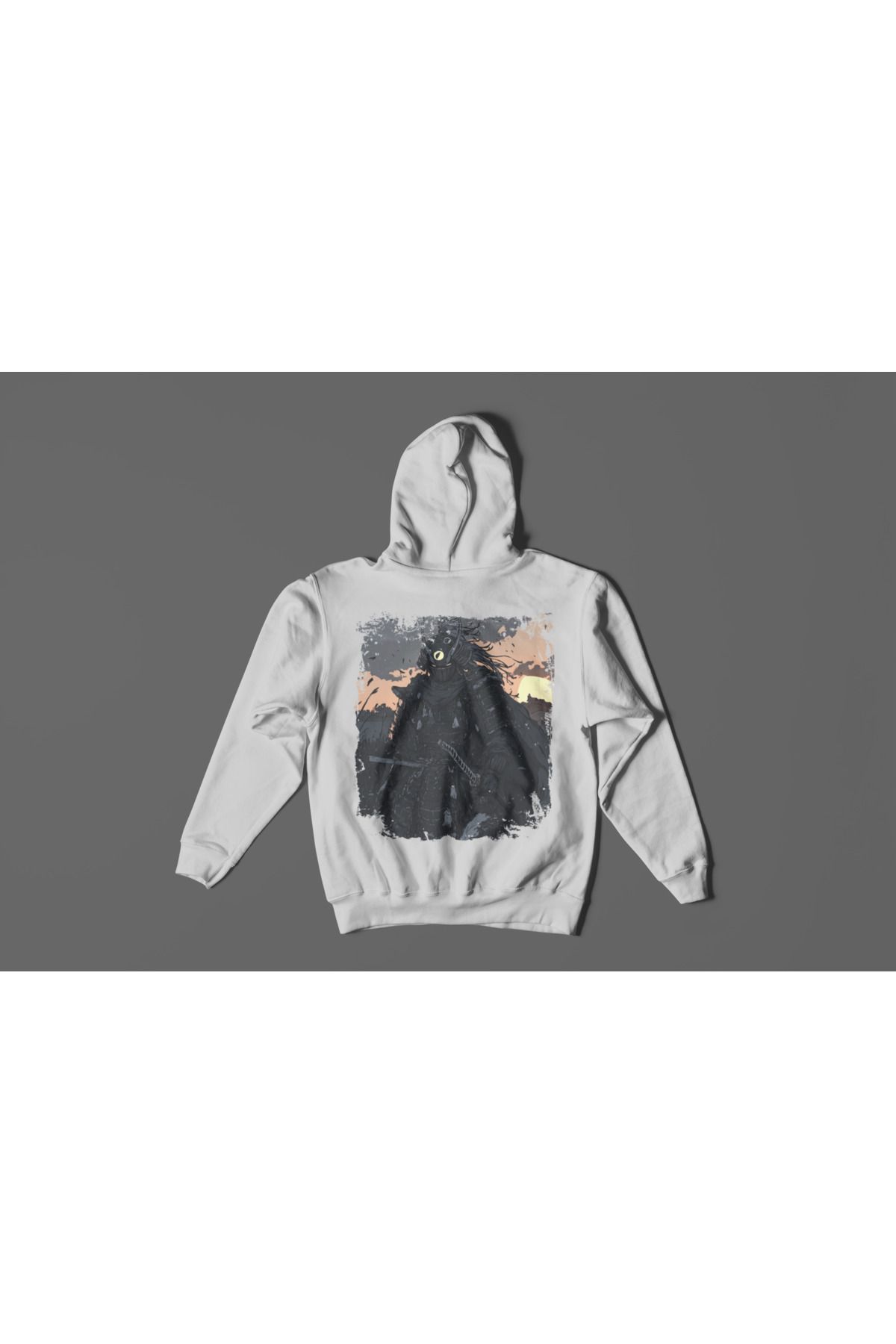 By Caspita Fashion Lenithra Unisex Samuray Ön Arka Baskılı Gri Oversize Kapşonlu Hoodie