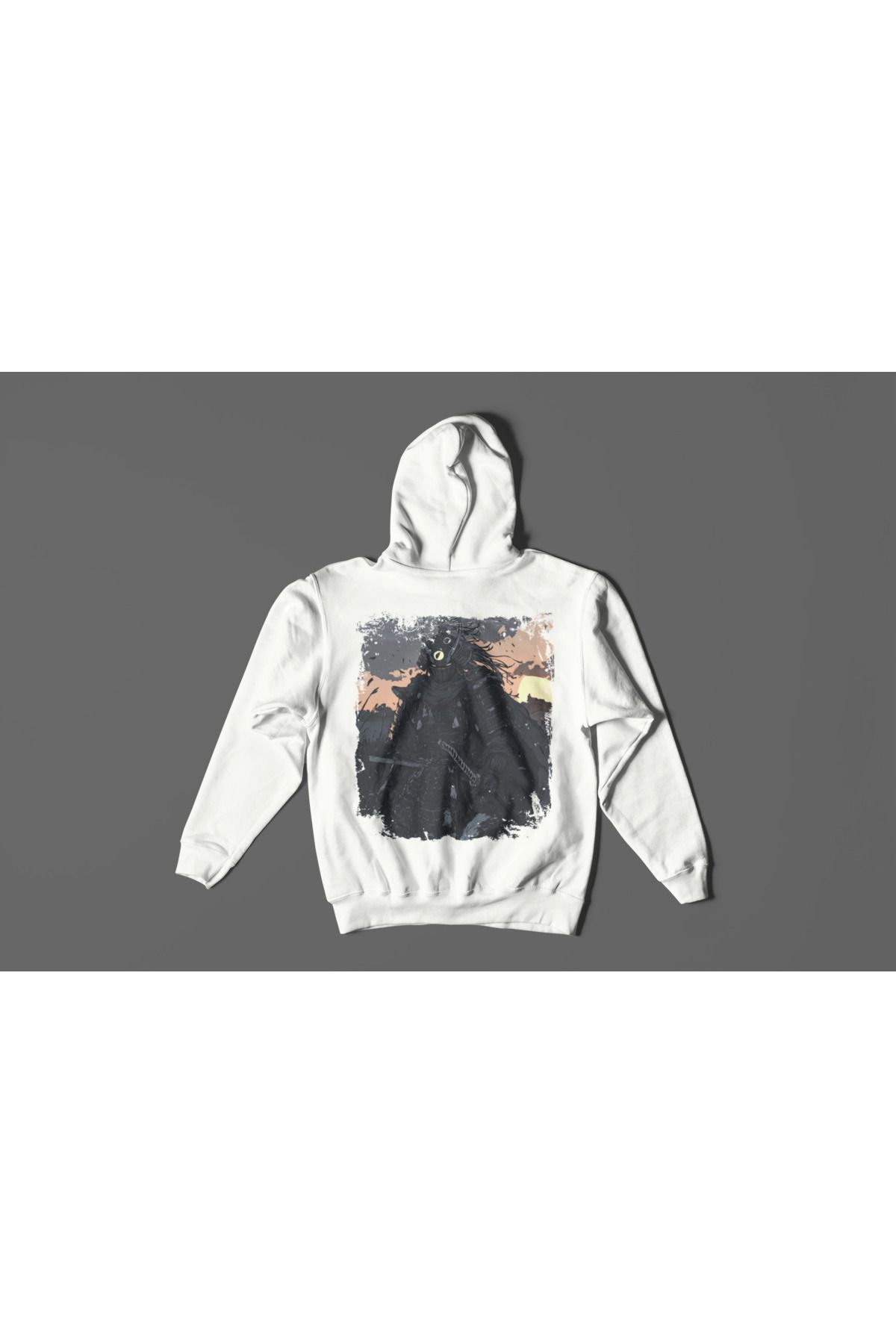 By Caspita Fashion Lenithra Unisex Samuray Ön Arka Baskılı Beyaz Oversize Kapşonlu Hoodie