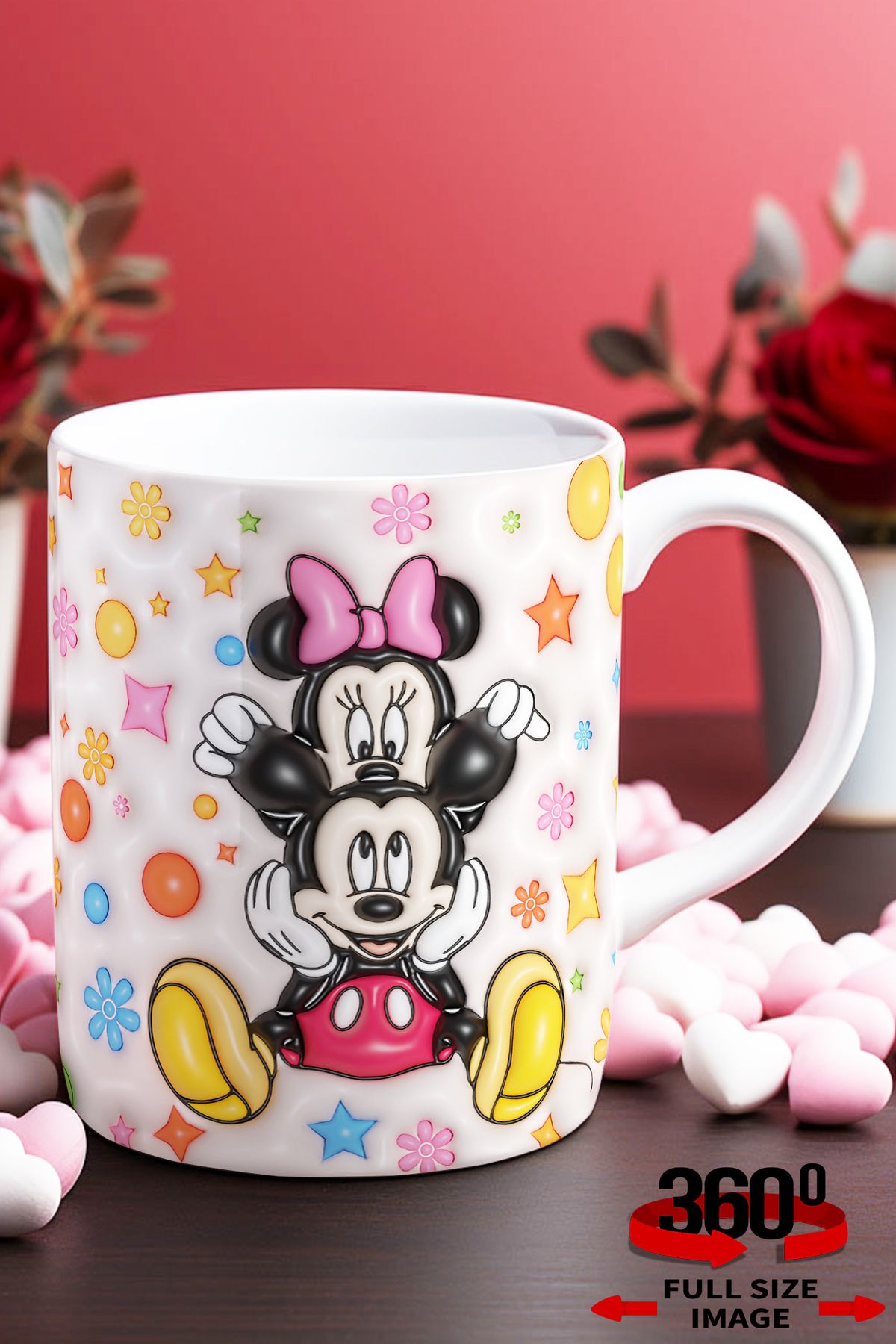 dijital moda tasarım 14 Şubat Sevgililer Günü 3D Kabartma Desen Efektli "Mickey&Minnie" Kişiye Özel Porselen Kupa Bardak