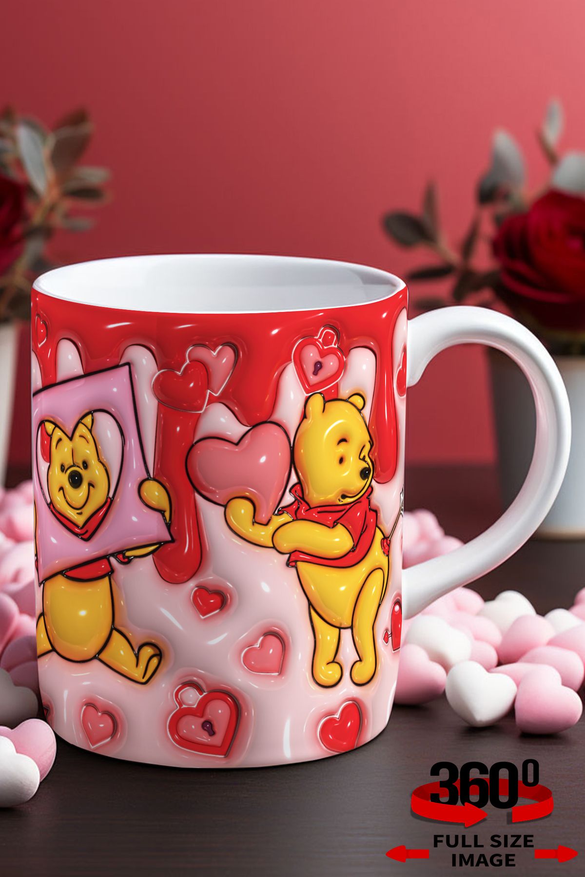 dijital moda tasarım 14 Şubat Sevgililer Günü 3D Kabartma Desen Efektli "Pooh" Kişiye Özel Porselen Hediyelik Kupa Bardak