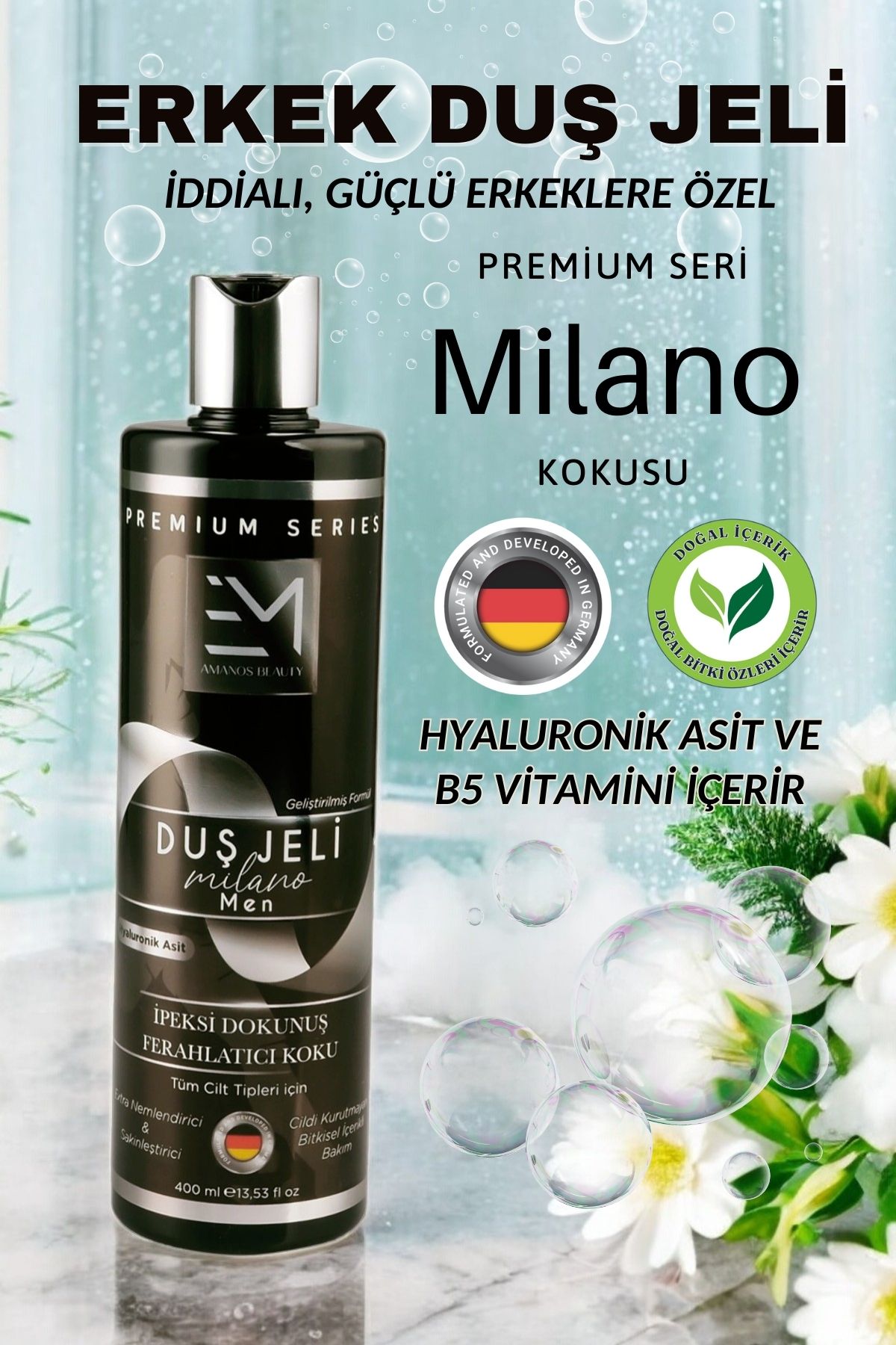 EM AMANOS BEAUTY Erkek Duş Jeli - Milano Kokusu - Doğal Bitki Özleri Hyaluronik Asit Ve B5 Vitamini Içerir