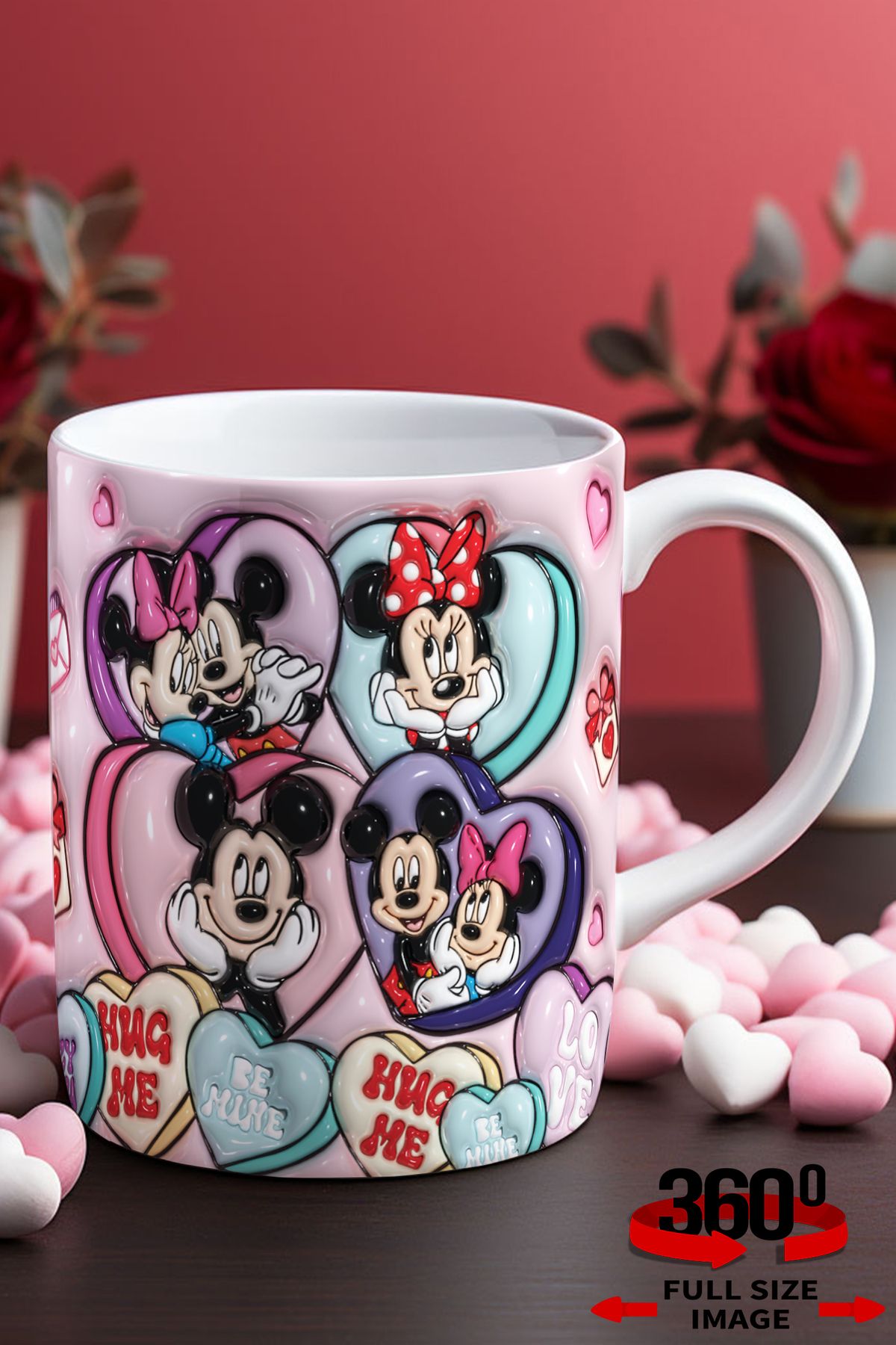 dijital moda tasarım 14 Şubat Sevgililer Günü 3D Kabartma Desen Efektli "Mickey&Minnie" Kişiye Özel Porselen Kupa Bardak