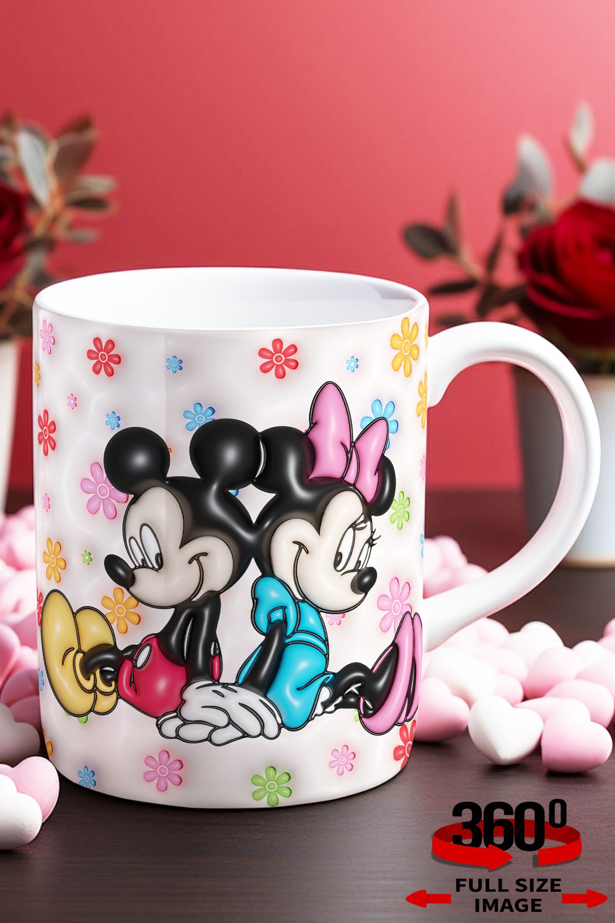 dijital moda tasarım 14 Şubat Sevgililer Günü 3D Kabartma Desen Efektli "Mickey&Minnie" Kişiye Özel Porselen Kupa Bardak