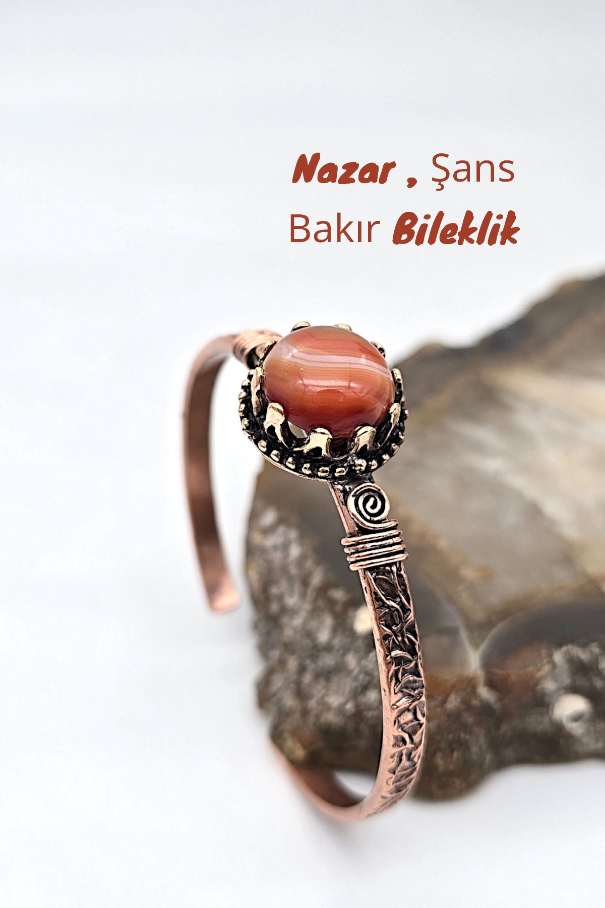 NBS Beautiful Naturel Stones Akik Doğal Taşlı Saf Bakır Özel Tasarım  ( Nazar , Koruma )