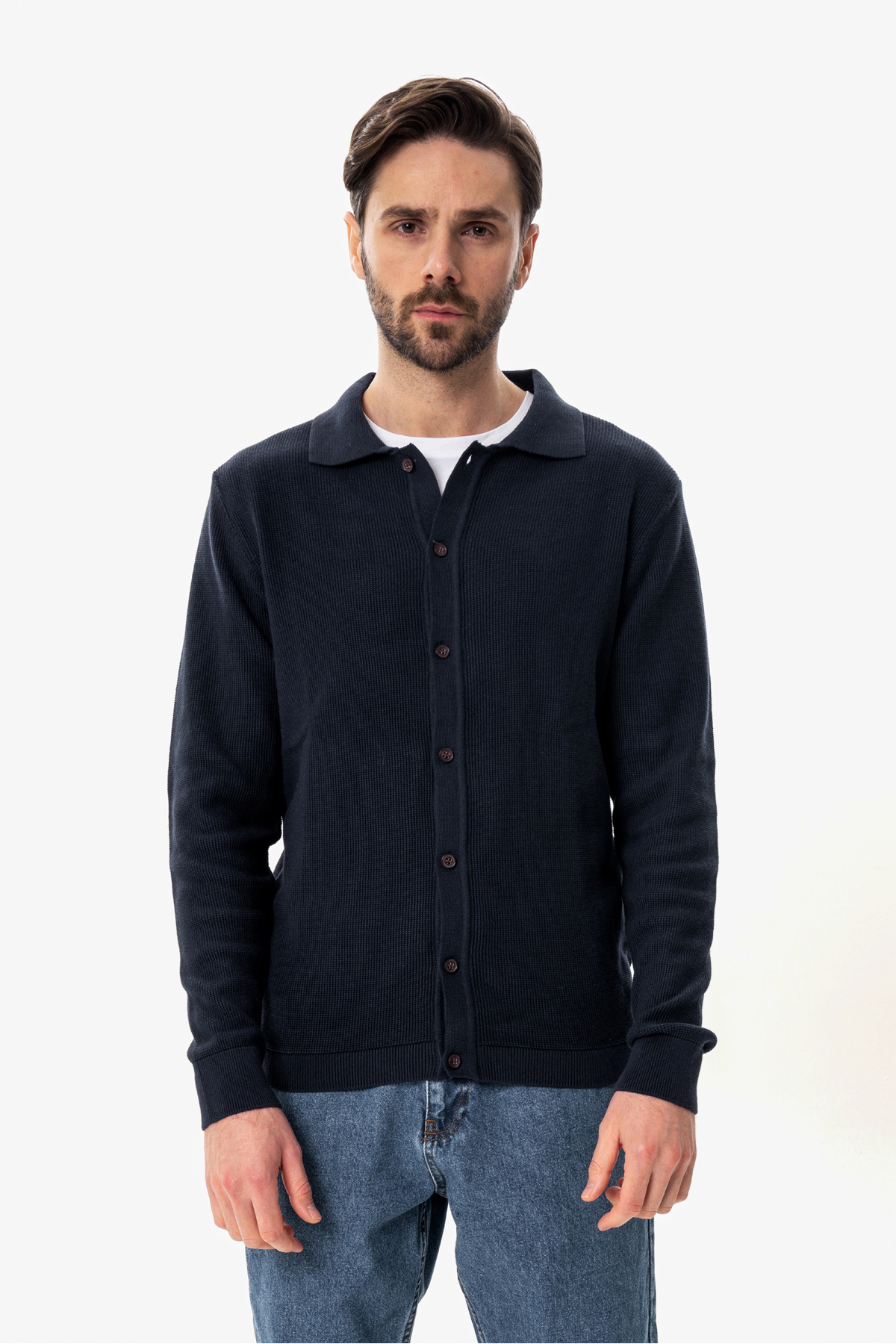 hateko-100% Cotton Navy Blue Waffle Knit Shirt Collar Knitwear Cardigan 6
