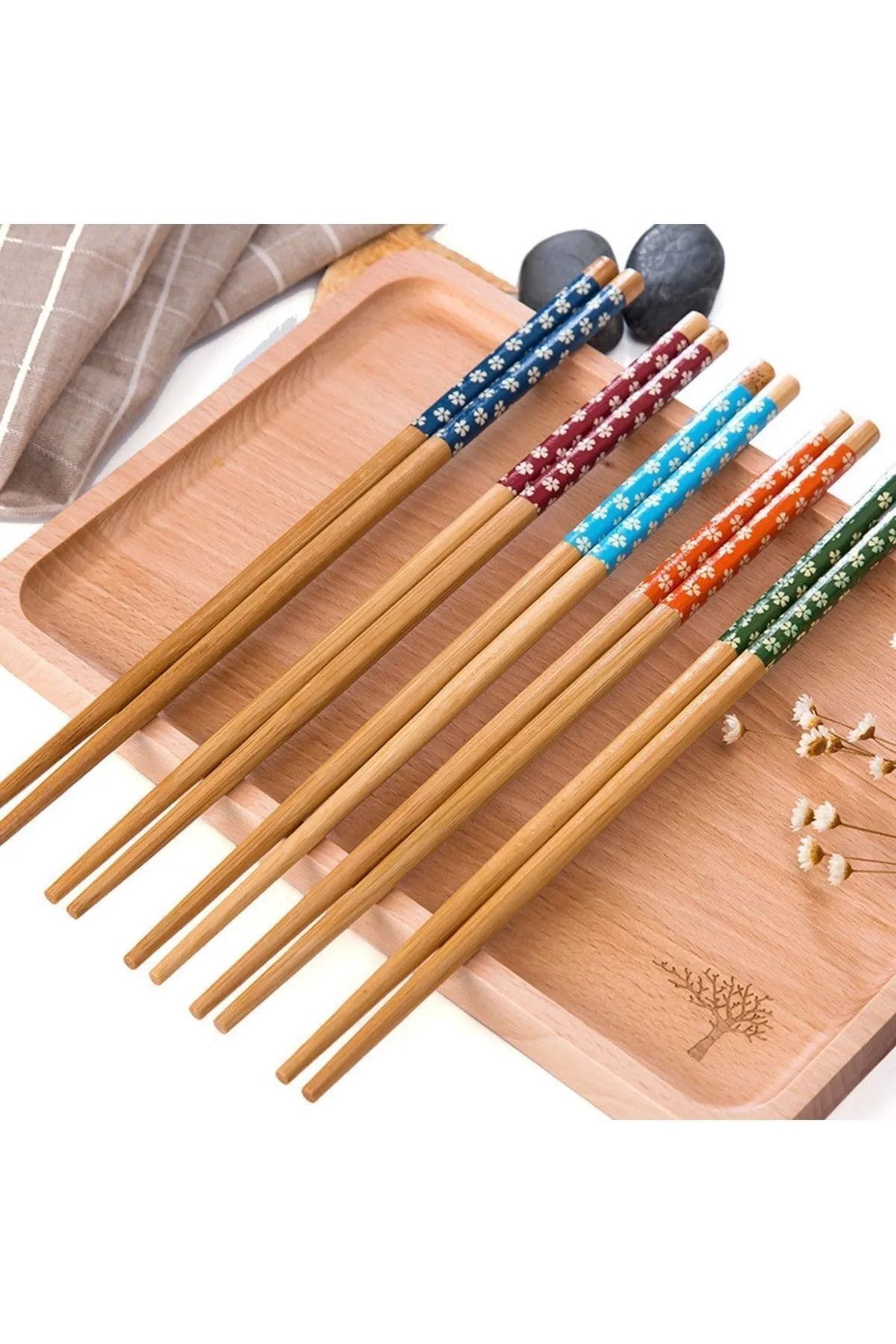 hipiylow 5 Çift Desenli Yıkanabilir Kore Çin Bambu Chopsticks Yemek Çubuğu | Desenli Bambu Chopstick