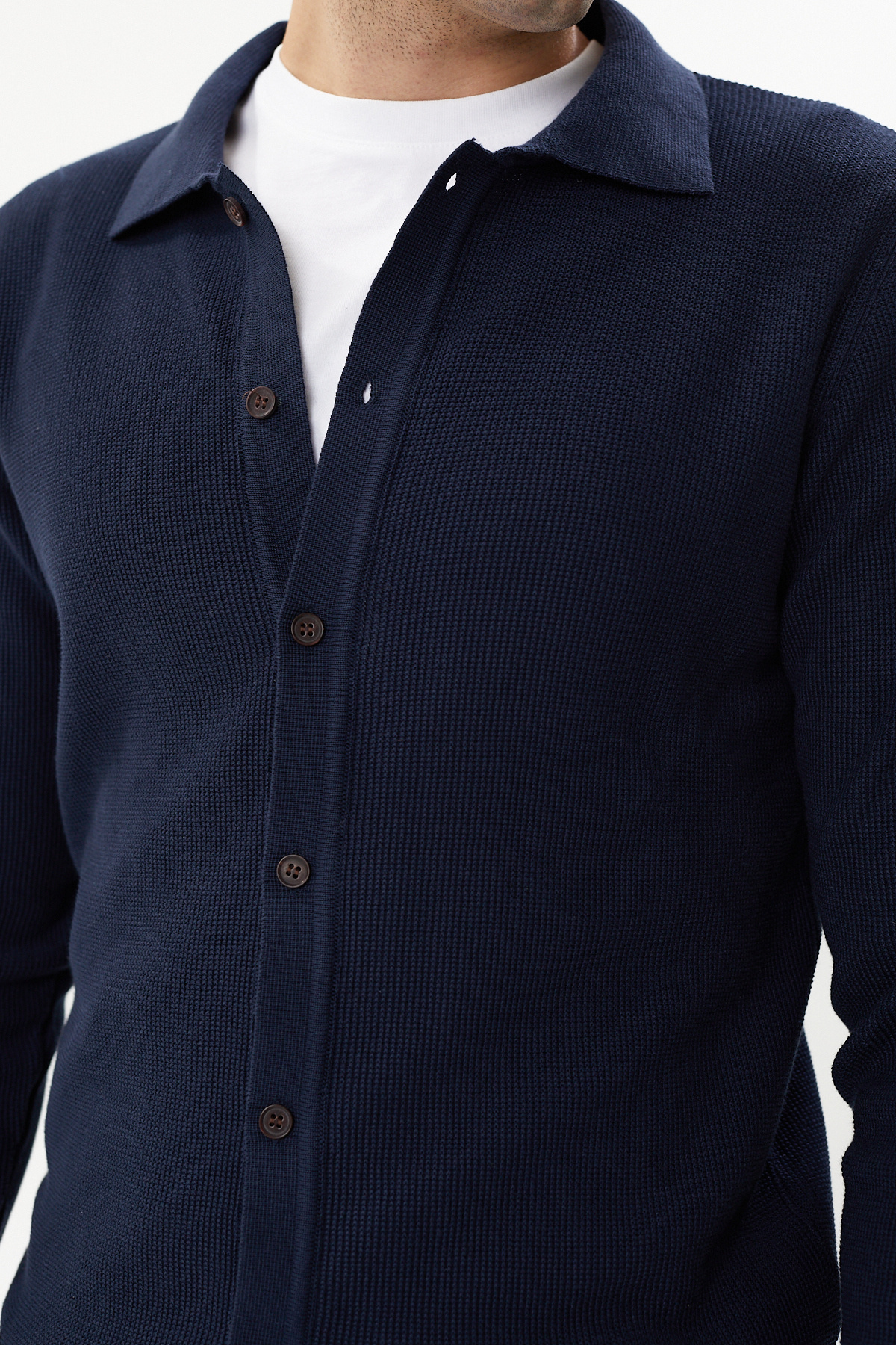 hateko-100% Cotton Navy Blue Waffle Knit Shirt Collar Knitwear Cardigan 5